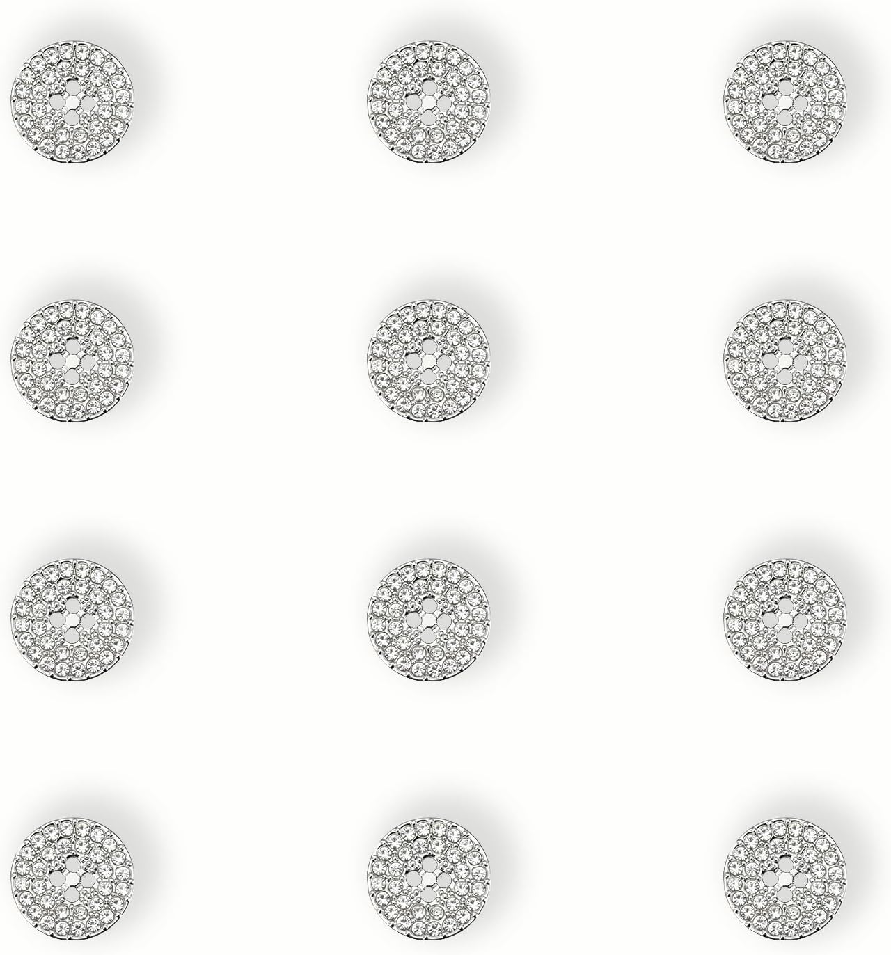 12-Pack Round 4-Hole Full Rhinestone Buttons Shiny Back, Crystal-Front Design for Clothing & Crafts Button for Coat Dress (Silver, 15mm(24L))