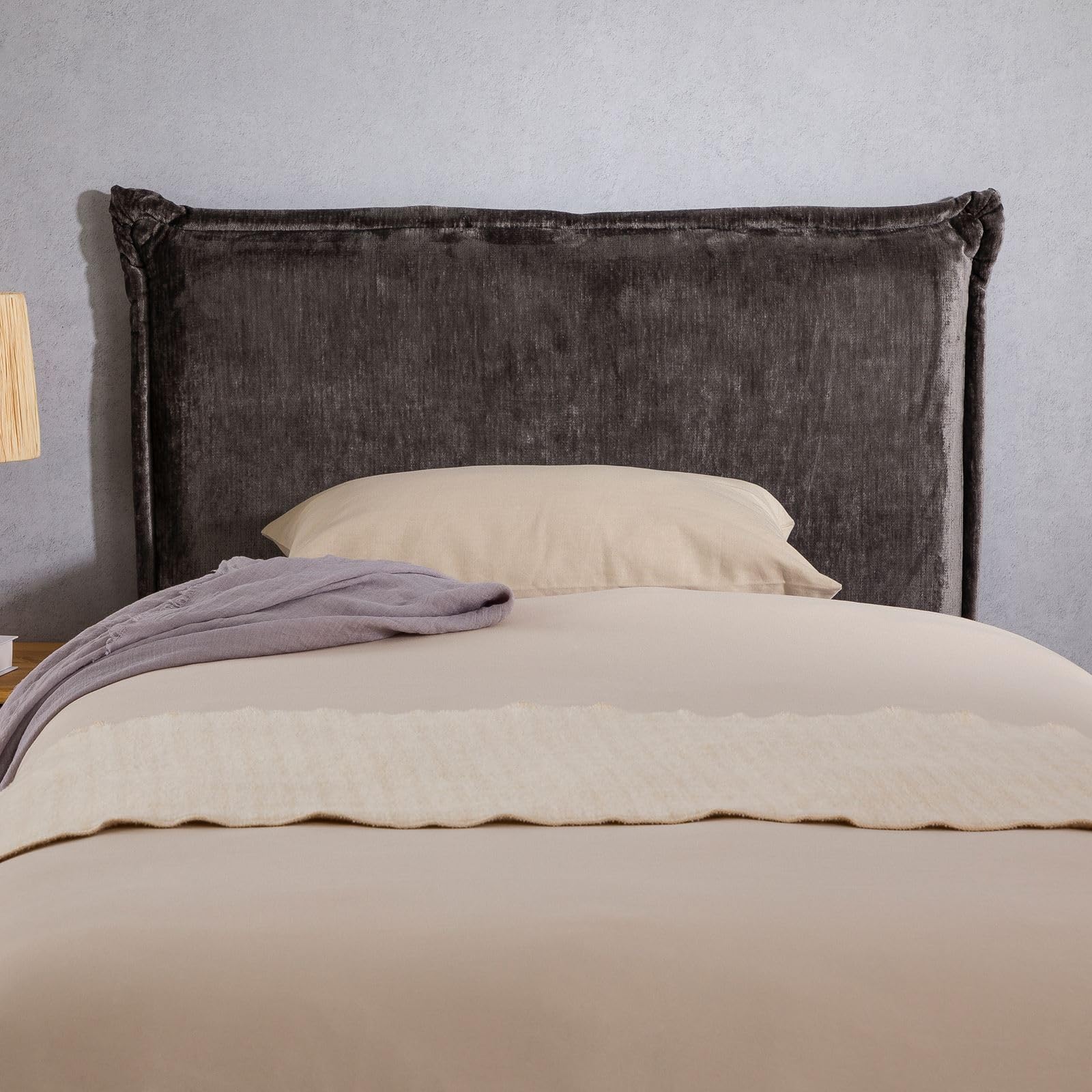 IDIMEX Tête de lit DELMO 90 rembourrée, en Tissu Polyester pour lit 90 cm, sur Pieds en Bois, Gris