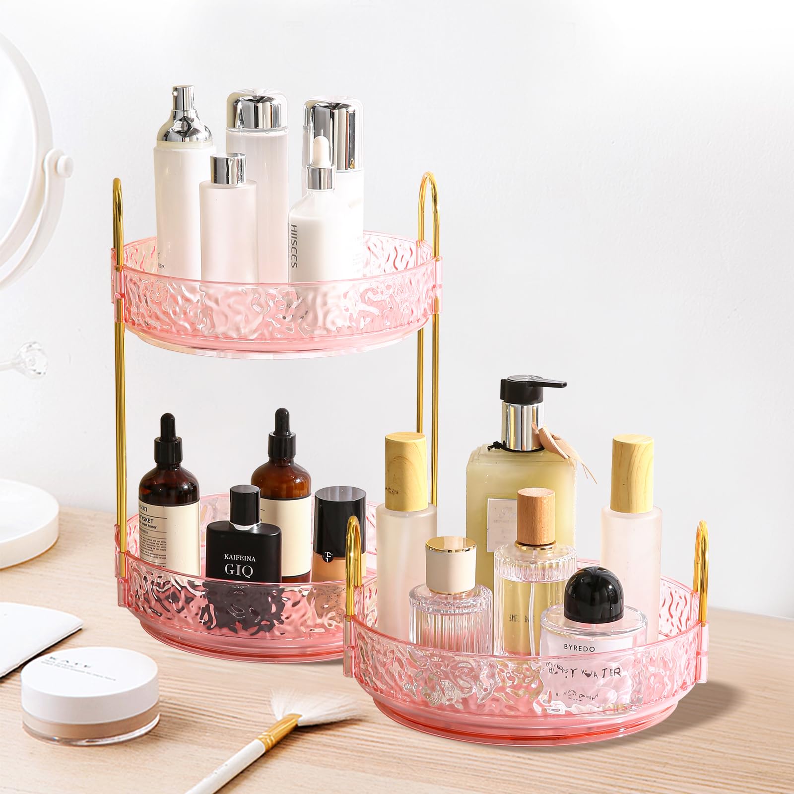 Fangoo 3 Capas Organizador de Maquillaje Giratorio 360 Grados Gran Capacidad Cosmética para Dormitorios Organizador Perfumes y Cremas Pintalabios Brochas Baño Tocador (Rosa)
