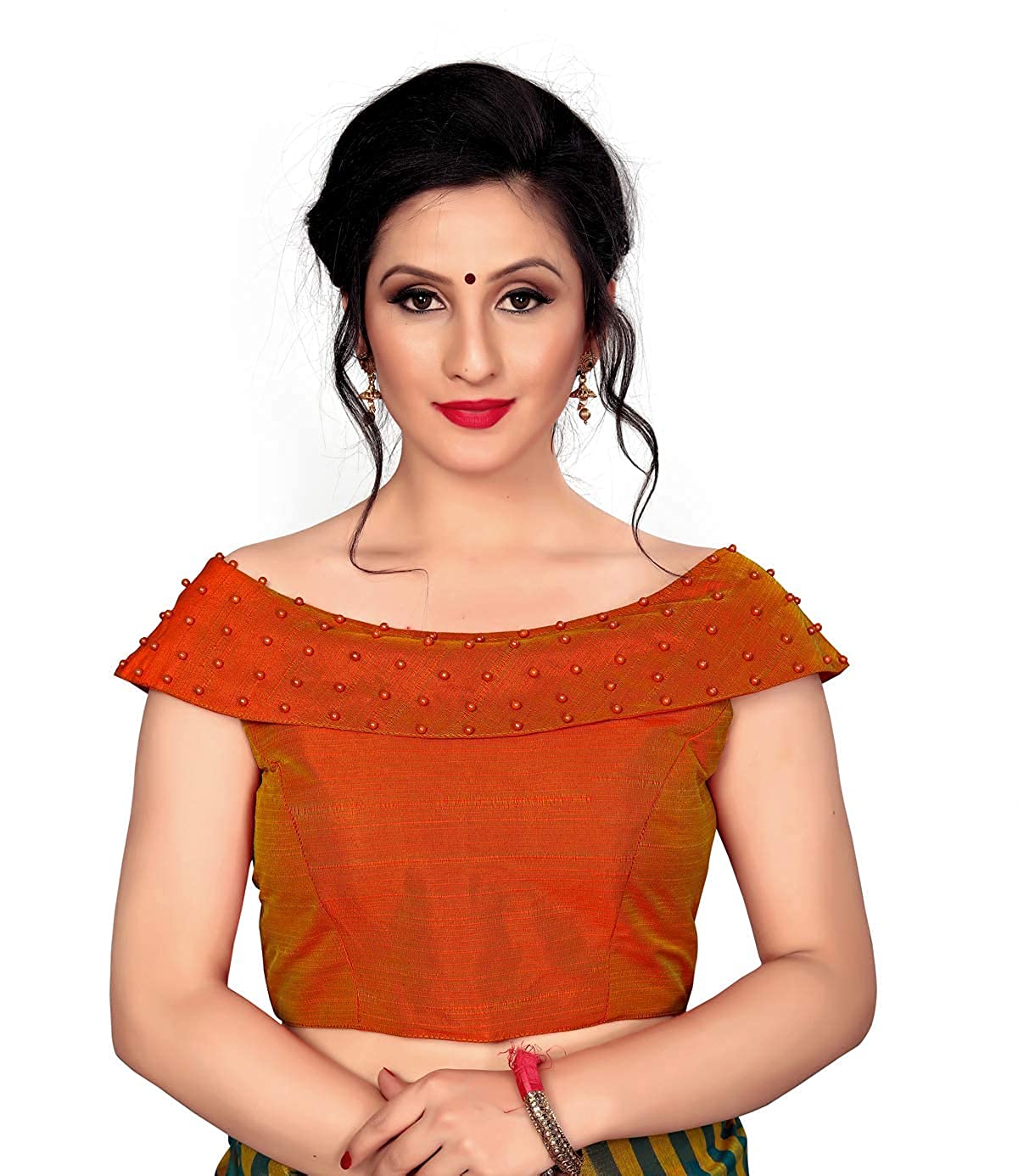 Women's Silk Plain Short Sleeve Saree Blouse with Boat Neck, Cap Sleeves & Zipper Closure-image-1
