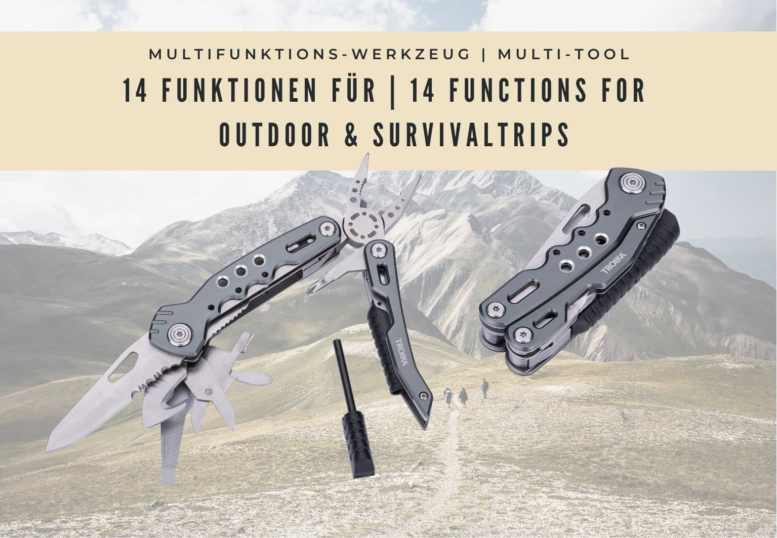 Troika Fire Tool 14 Outil multifonction avec 14 fonctions pour les voyages en plein air et survie – Ressort intégré et fonction de verrouillage – Acier inoxydable 420 – Aluminium – Anodisé – Gris
