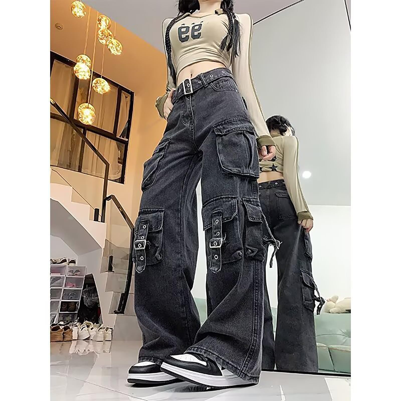 Y2k Grunge Cargo Baggy Jeanshose Emo Damen Punk Gerade Bein Hosen Alternative Y2k Kleidung