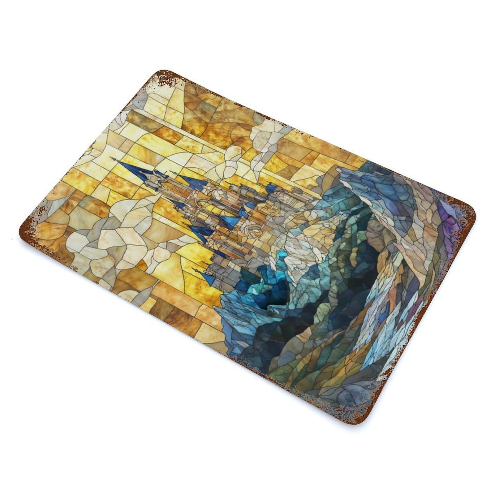 Stained Glass Castle Rustic Tin Plaque 11.8"x7.9", for Living Room, Hallway And Home Decor, Decorative Metal Wall Art