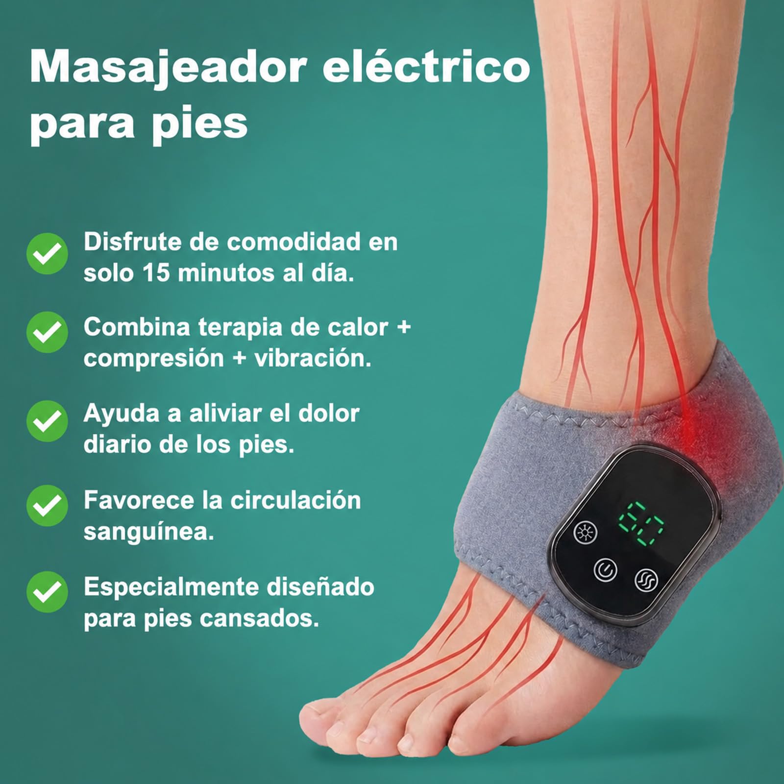 Venaflex Masajeador Pies, Masajeador De Pies 3 En 1, Masaje Para Pies Con Neuropatía, Masajeador De Tobillos Inalámbrico Y Portátil, Equipado Con 3 Modos De Vibración Y 5 Niveles De Calor