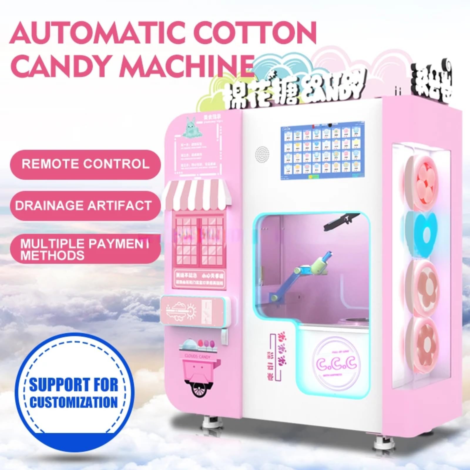 Global Solutions GS1730 Cotton Candy Machine, 20” Dia. Stainless Steel Bowl, (120) Cones per Hour