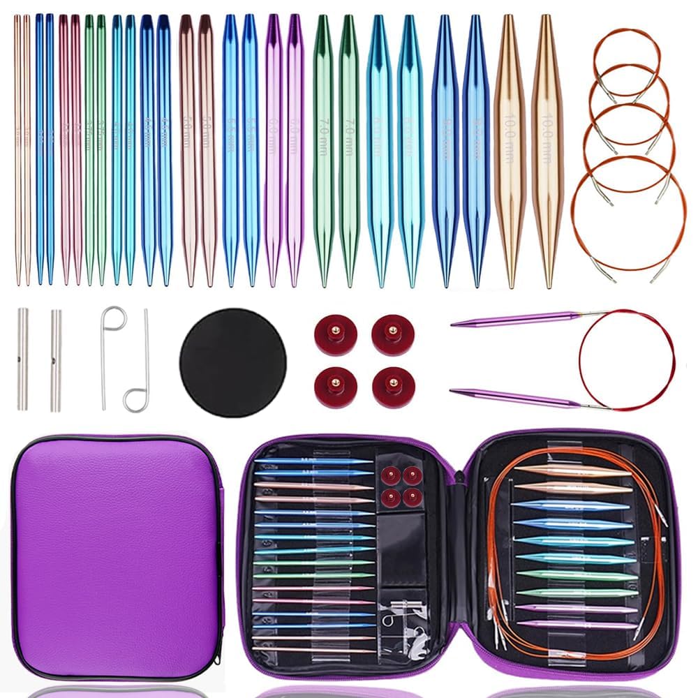 Yarniss 13 Pair Circular Knitting Needle Set 3.0~10.0mm, Interchangeable Aluminum Knitting Needles with Case Purple