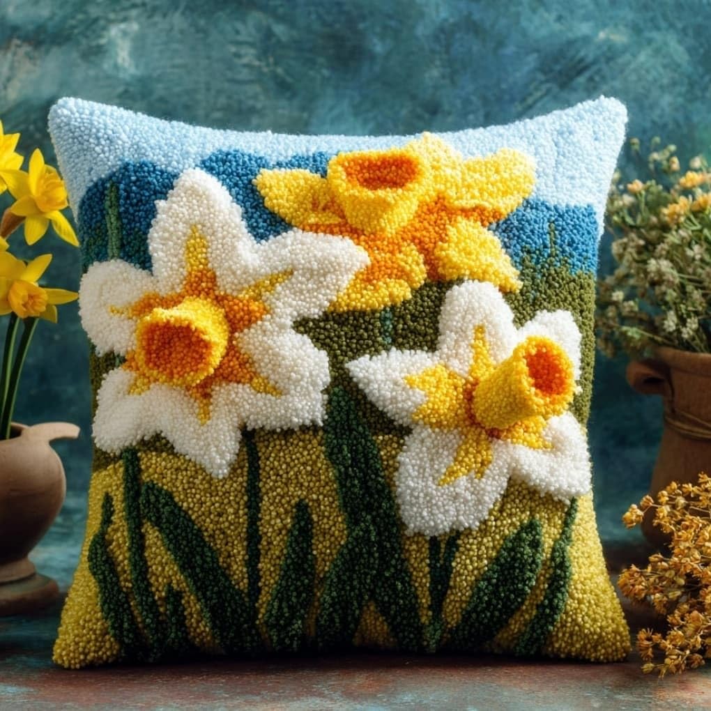 WallustrioaW Latch Hook Pillow Case Kits,Daffodils 17X17 Inch Latch Hook Cushion Cover Kit,Knitting Kits Cushion for Adults Rug Making Kit for Starters