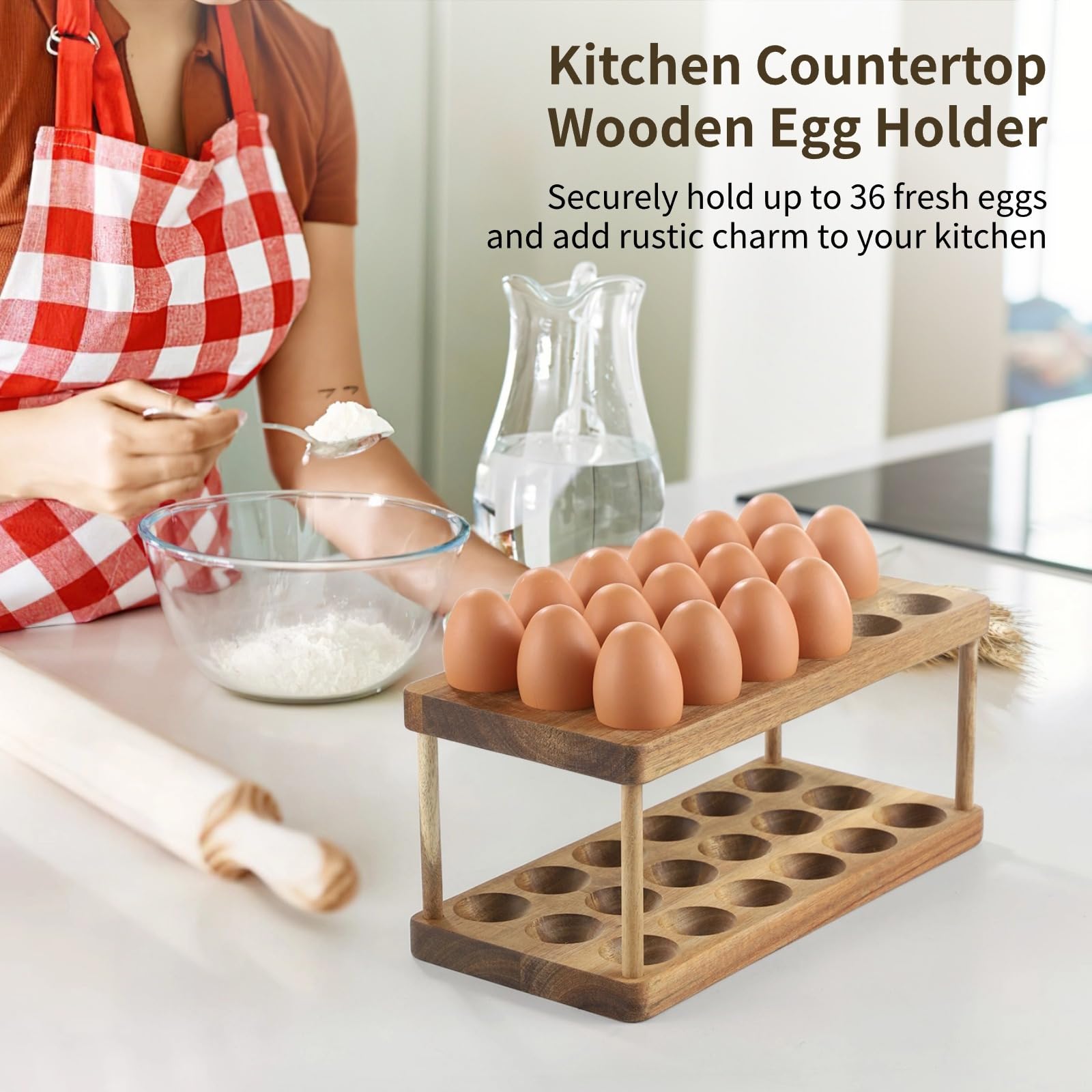 Soporte para huevos de madera de 2 niveles para 36 huevos, organizador de huevos apilable, estante para huevos para nevera