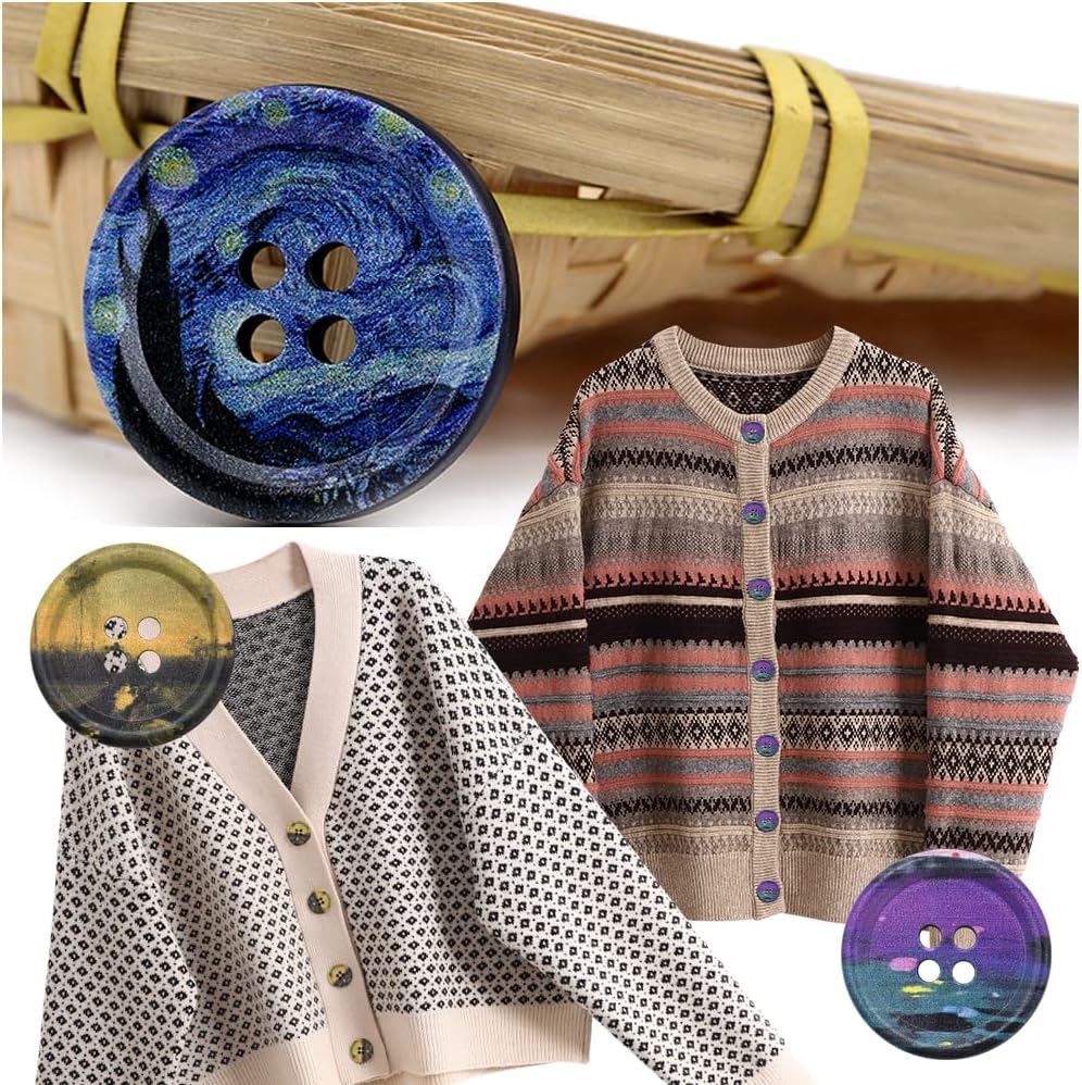 80Pcs Resin Sewing Buttons, 4-Hole Scenery Oil Painting Style 5 Color 3 Size for Sweaters Jacket Sleeves Blazer and Pants Sport Coat Uniform Crafting Replacement - Image 7