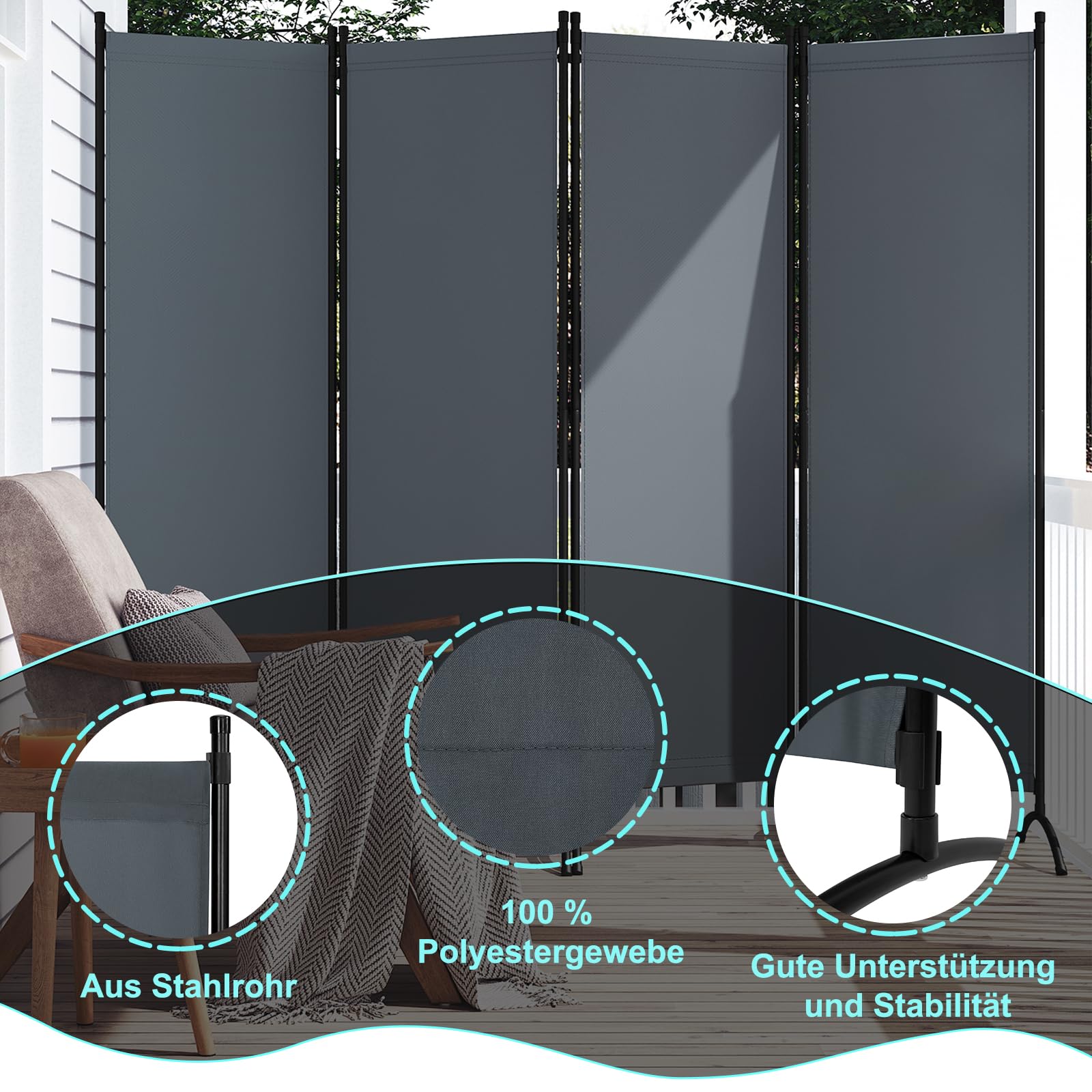WOLTU Paravent 4 Teilig 224x182 cm Dunkelgrau, Raumteiler Freistehend Trennwand und Klappbar, Sichtschutz Spanische Wand für Innen- und Außenbereich, Ideal für Wohnzimmer, Balkon und Garten