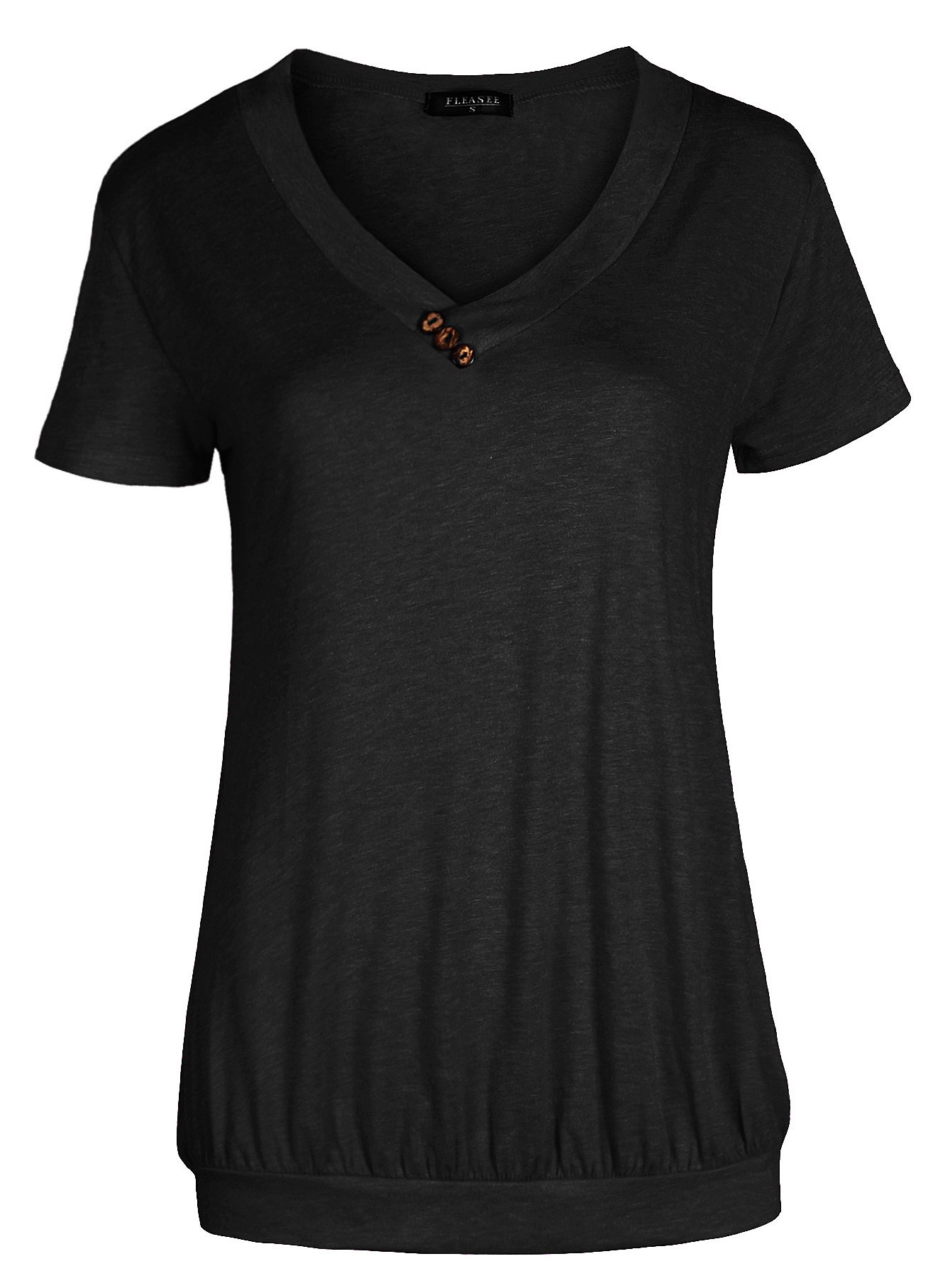 FLEASEE Damen T-Shirt Lässig Kurzarm Basic Tee V-Ausschnitt Shirts Stretch Falten Tunika mit Knöpfen Allover Minimal Druck Sommer Oberteile Tops