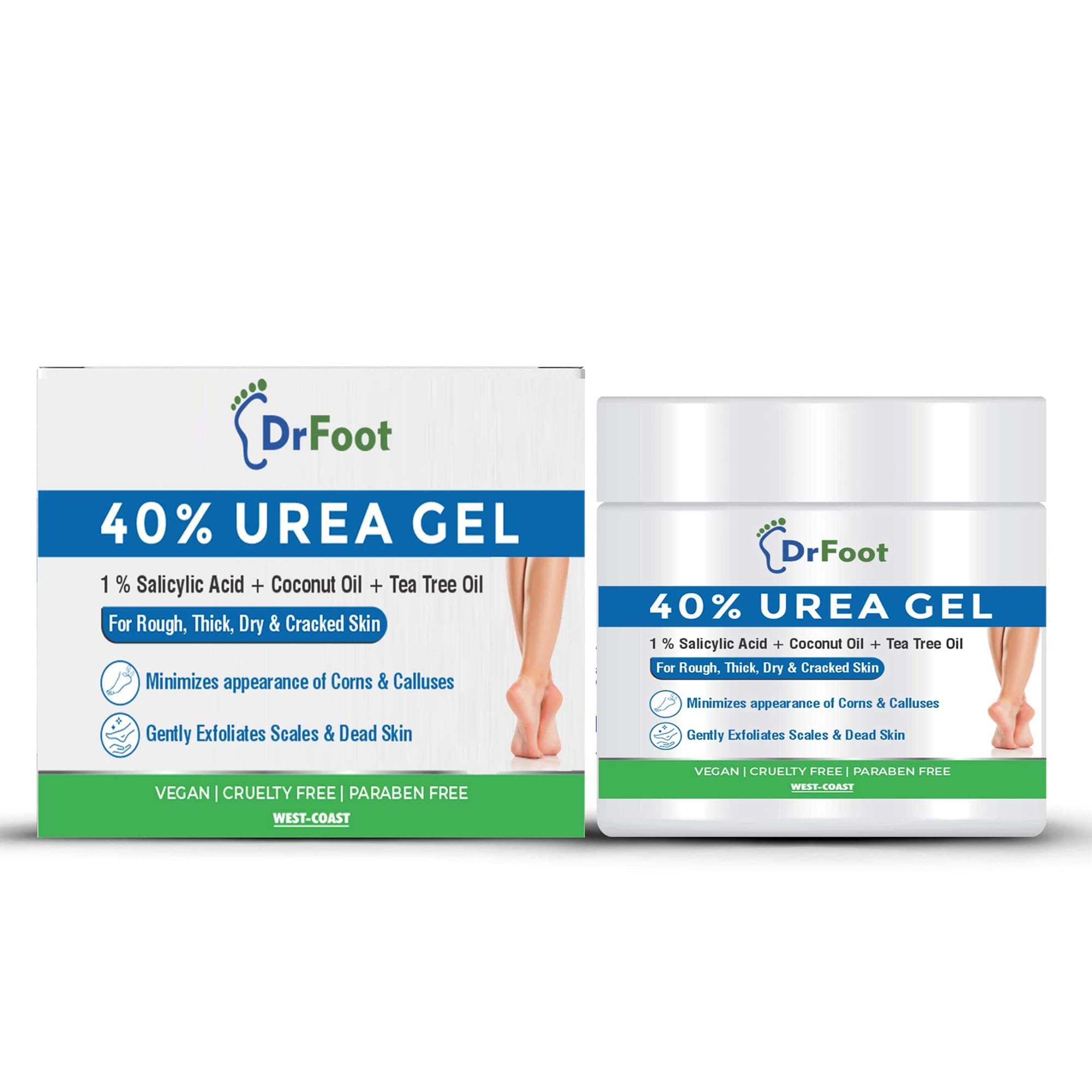 Dr Foot 40% Urea Gel with 1% Salicylic Acid, Coconut & Tea Tree Oil Moisturizes Callus Cracked Rough Dry Dead Skin and Corns, Softens Thick Painful Nails, 100 g