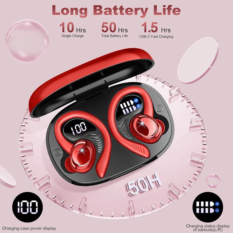 Hupoaf Wireless Earbuds Sport, NEW Bluetooth 5.4 Headphones with Earhooks, 50H Stereo Deep Bass Over Ear Buds with 4 ENC Noise Canceling Mics, IP7 Waterproof Earphones for Running Workout Gym -Red image 6