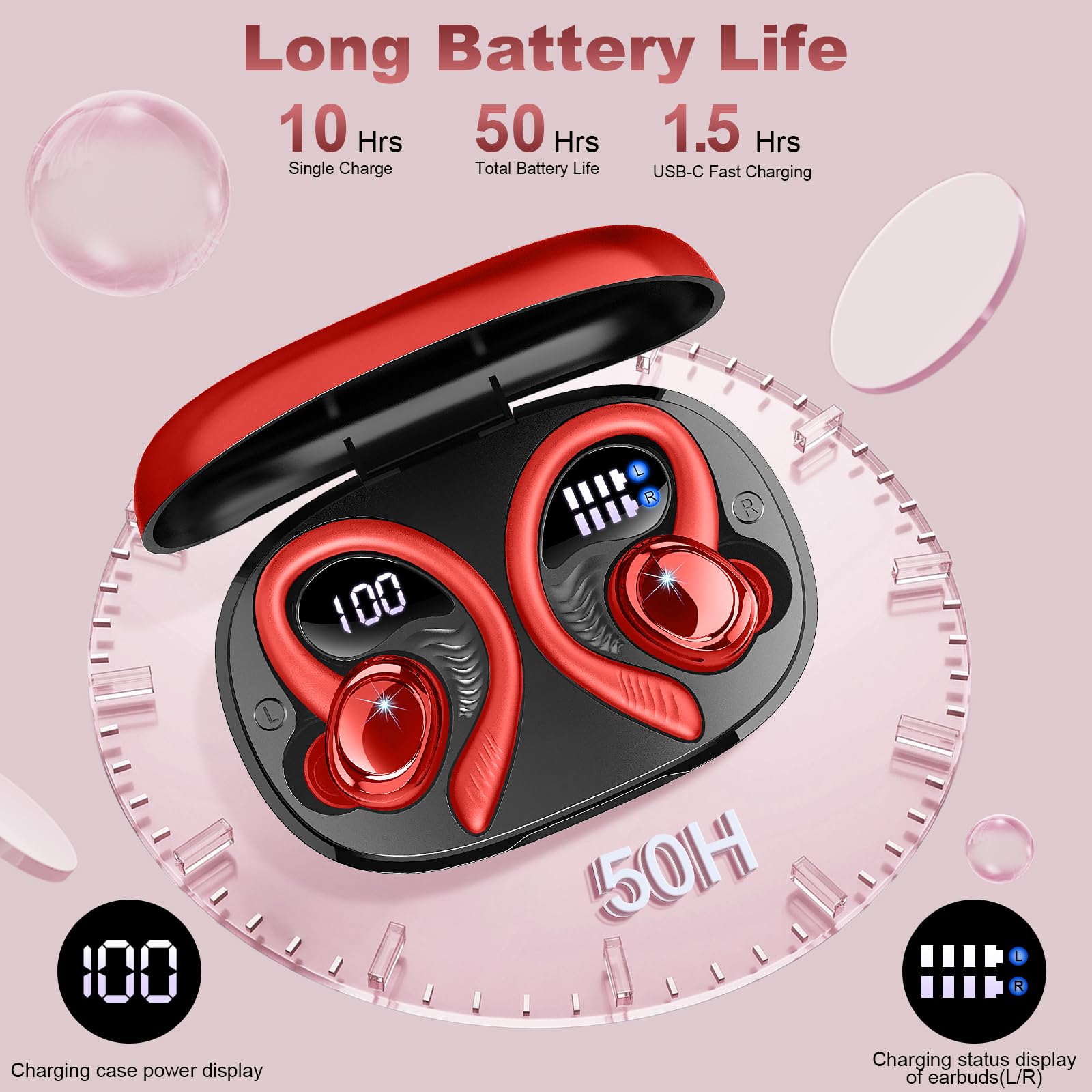 Ecouteurs Bluetooth sans Fil Sport, 2026 Écouteur Bluetooth 5.4 avec 4 ENC Mic, 60+Hrs Ecouteurs sans Fil HiFi Stéréo, IP7 Étanche Oreillette Bluetooth Running, USB-C Charge Rapide, Écran LED Casque
