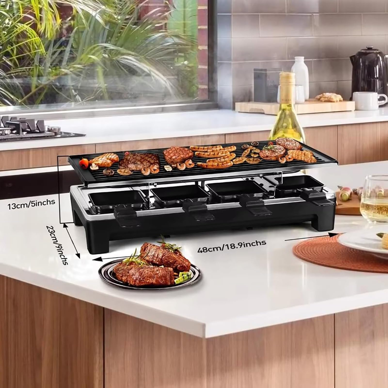 Gril électrique antiadhésif for 8 personnes, pierre à raclette 2 en 1, gril de fête à raclette, gril électrique sans fumée à température réglable de 1 500 W, avec 8 moules à fromage et 2 spatules