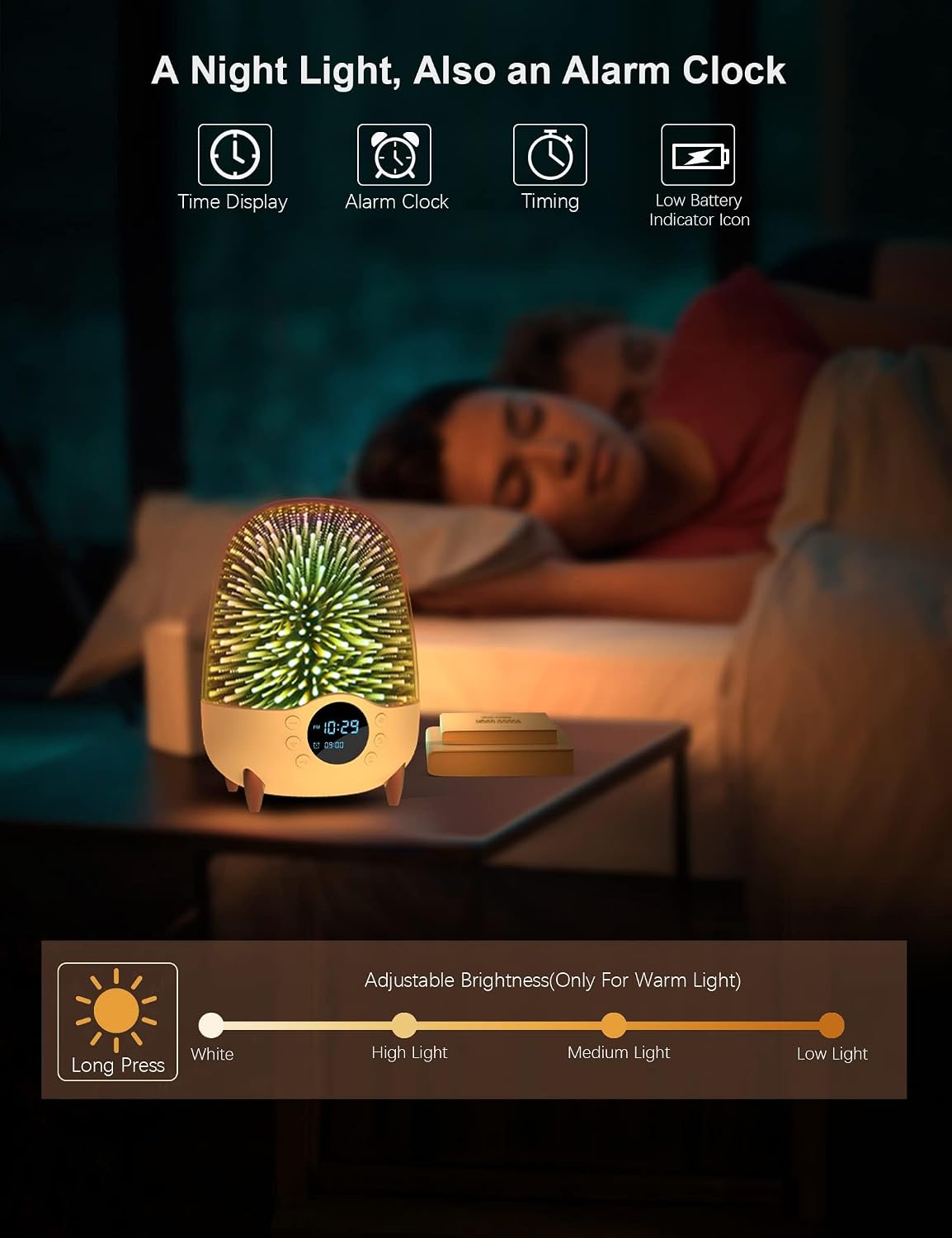 Night light functioning as an alarm clock, showing time display, alarm icon, timing icon, low battery indicator, and adjustable brightness bar