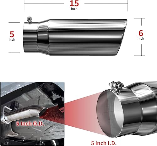 Miniatura 2 de Richeer Punta de escape de 5 a 6 pulgadas, entrada de 5 pulgadas, salida de 6 pulgadas, longitud total de 15 pulgadas, punta de escape de acero