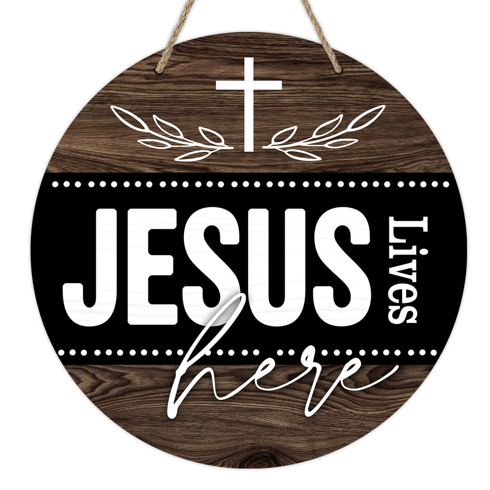 Deroro Christian Jesus Lives Here Front Door Sign, Religious Faith Cross Farmhouse Wood Door Hanger Outdoor Outside Decor, Rustic Wooden Wreath Indoor