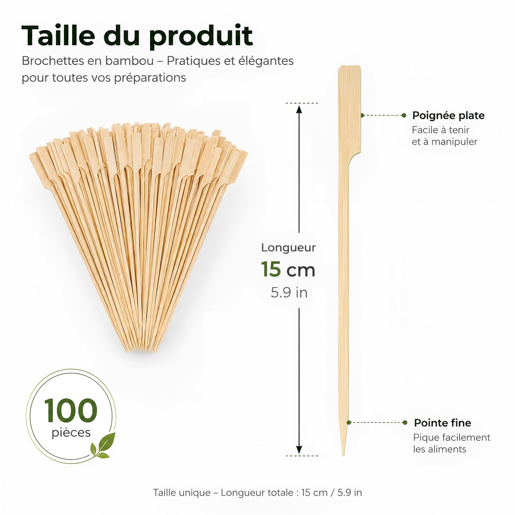 Lot de 100 Pics Brochette en Bambou 15 cm, Bâtonnets Naturels pour Barbecue, Bâtonnets Cocktail, Piques Apéritif Et Barbecue, pour Fruits, Viandes Et Tapas