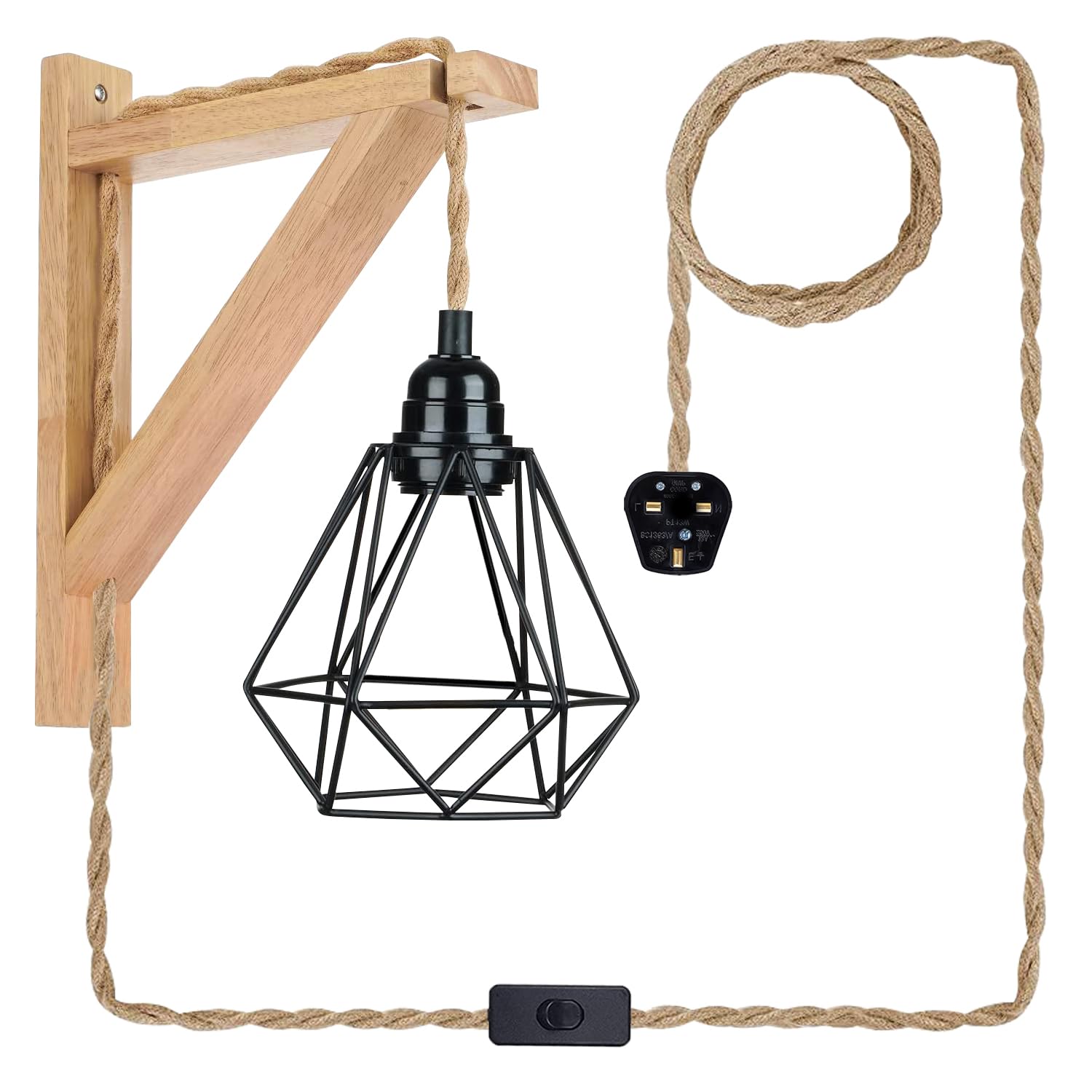 DC VOLTAGE Industrial Wall Light Plug in with Switch - Dimmable Vintage Wall Lamp Black Metal Cage with Hemp Rope & Wood Arm - 4.5M Cord for Bedroom Living Room