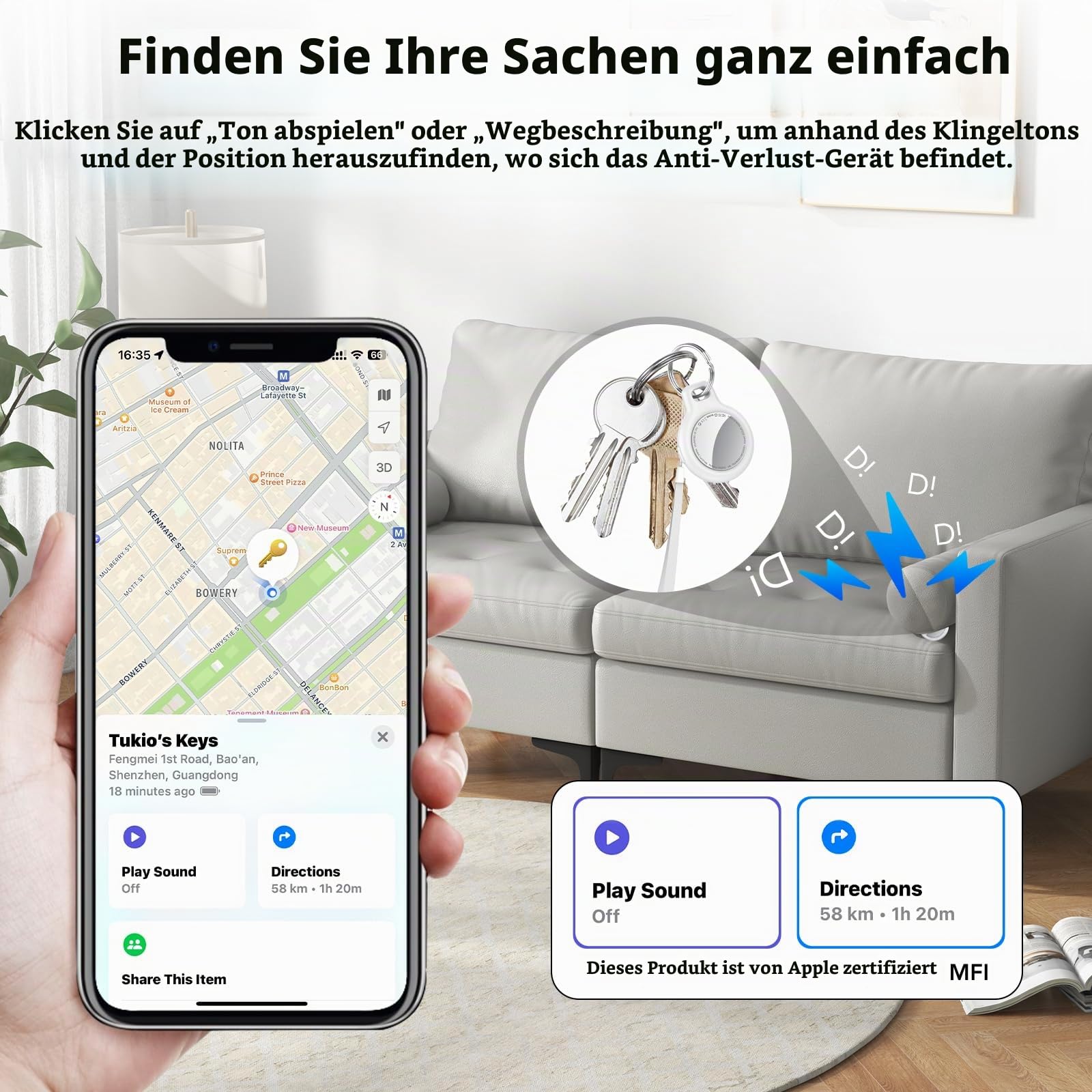 Air Tags Schlüsselfinder 16er Pack für Apple Wo ist? APP (Nur iOS) | [MFi-Zertifiziert] Smart Tracker Key Finder Austauschbarer Akku, 100 dB Alarm, Koffer Tracker für Gepäck/Taschen/Schlüssel