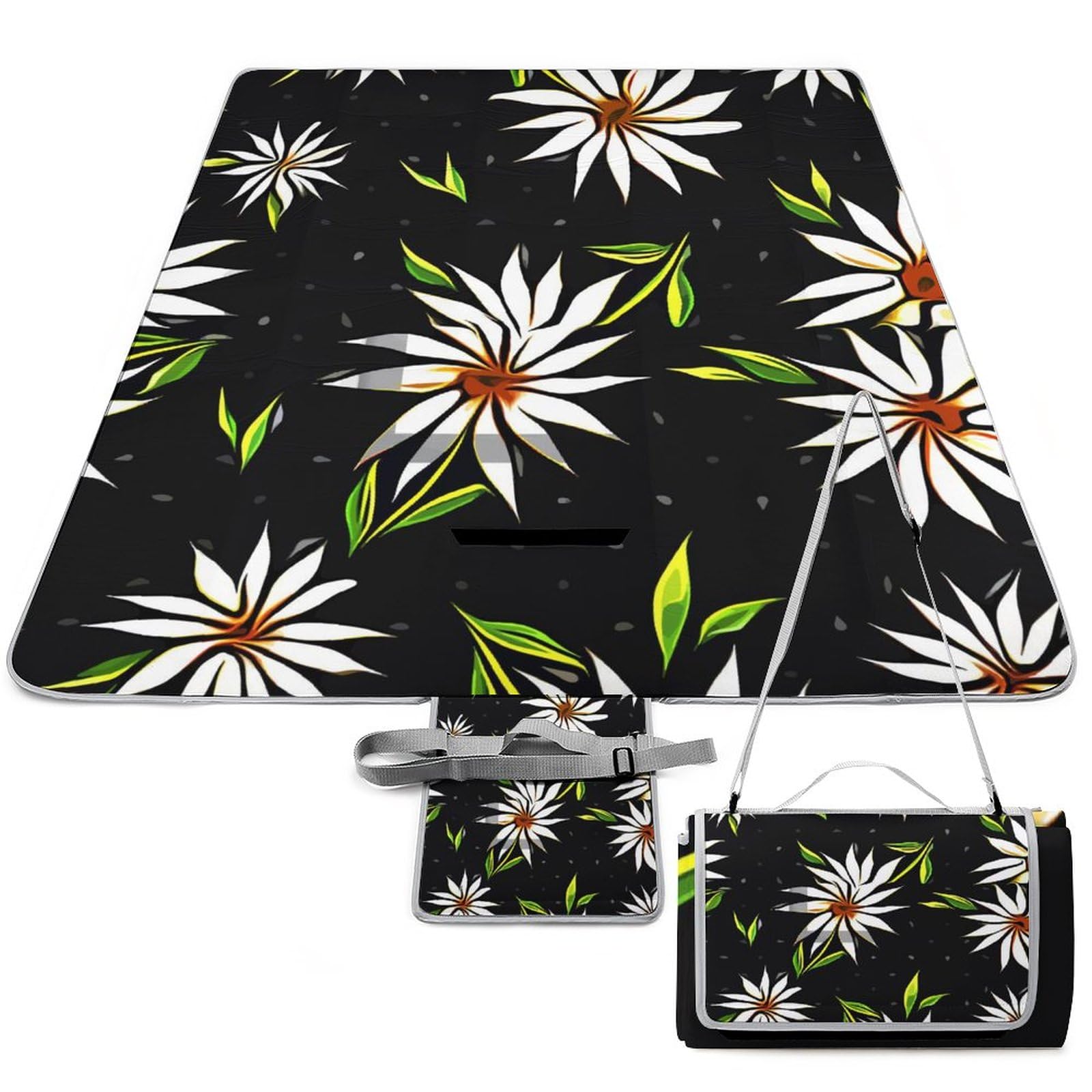 White Flower Pattern Picnic Blanket Waterproof Foldable, Large Outdoor Picnic Blanket Beach Blankets Camping Blanket Travel Mat, Shoulder Strap Tote, Rectangle 58x58in