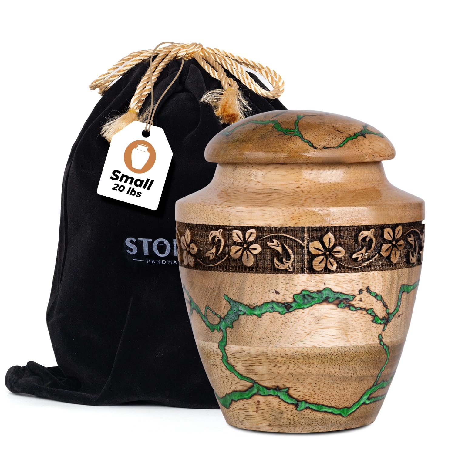 Handcrafted Wooden Cremation Urn for Ashes with Green Resin Thunderstorm Design & Artistic Bail – Memorial, Burial Urns for Female, Male and Child – Human Ashes Urn - Small (20lbs) — image 1