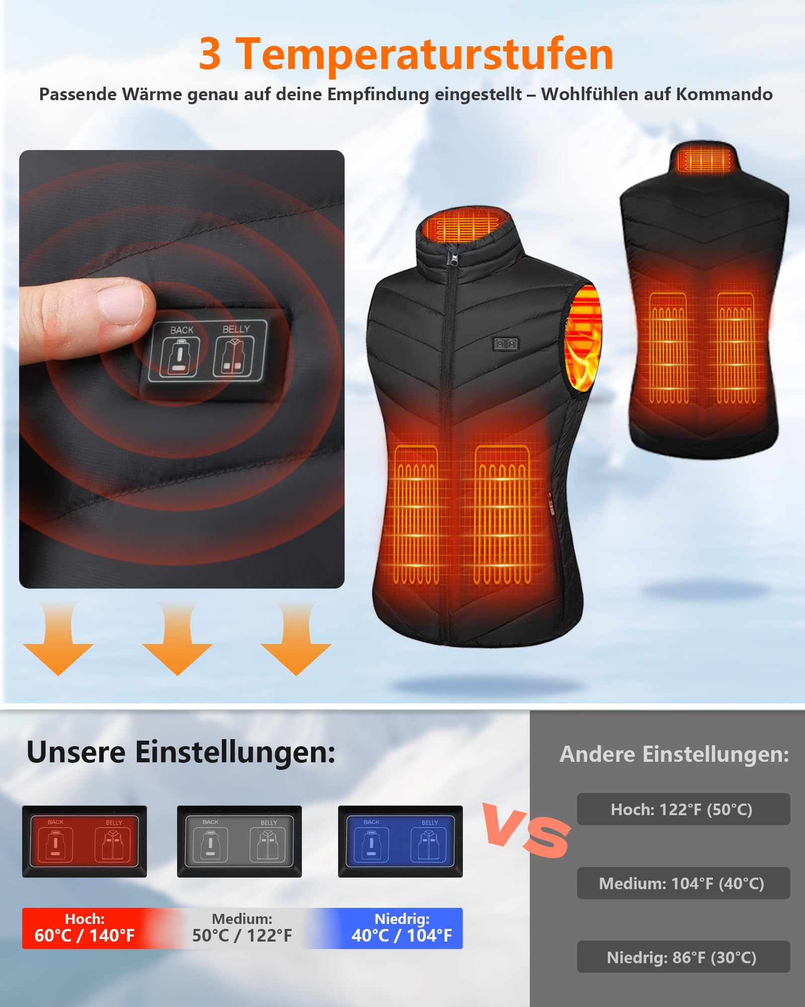 Beheizbare Weste für Herren Damen mit Akku 10000mAh Heizwesten 5 Heizzonen 3-Stufige Temperaturregelung Doppelte Steuerung Wärmeweste für Winter Aktivitäten