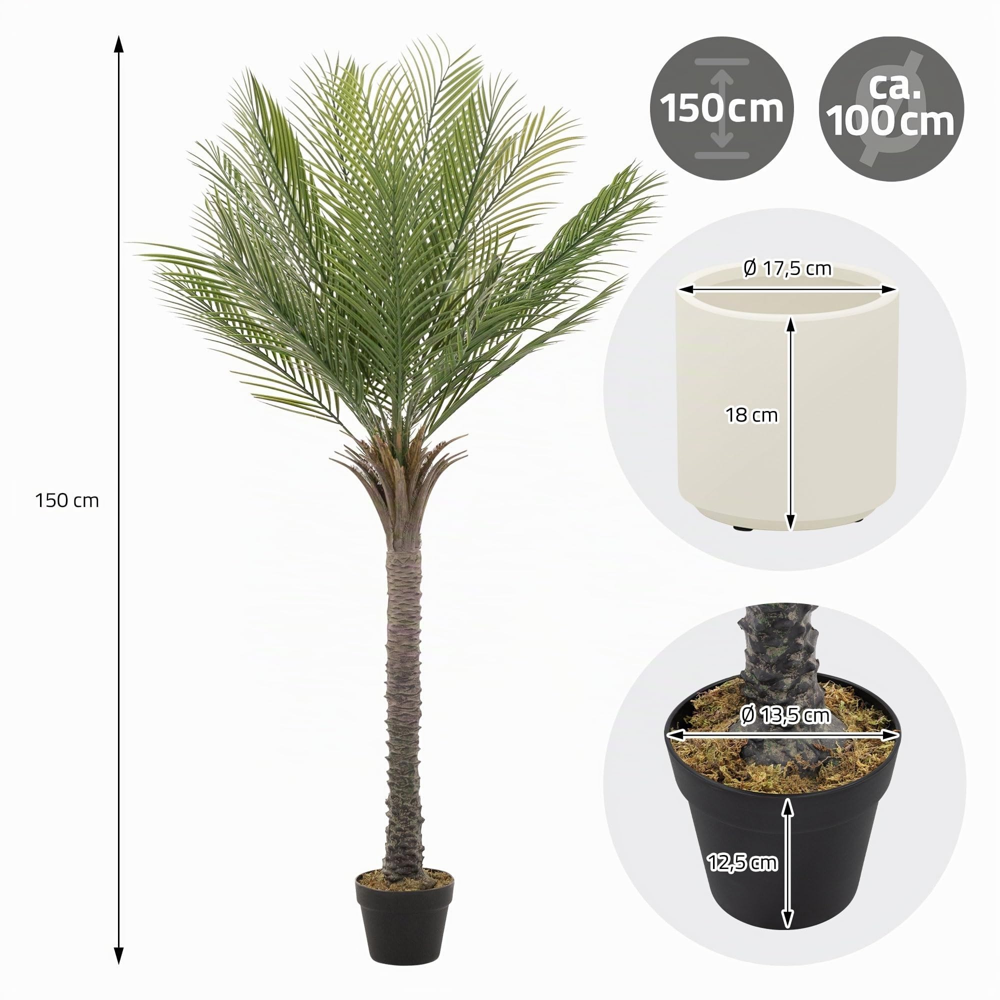 ML-Design Palma Artificiale 150 cm Piante Artificiali Grandi Piante Finte Tropicale Pianta Artificiale Decorazione in Plastica in Vaso per Interni/Esterni Albero Artificiale Come Vero per Soggiorno