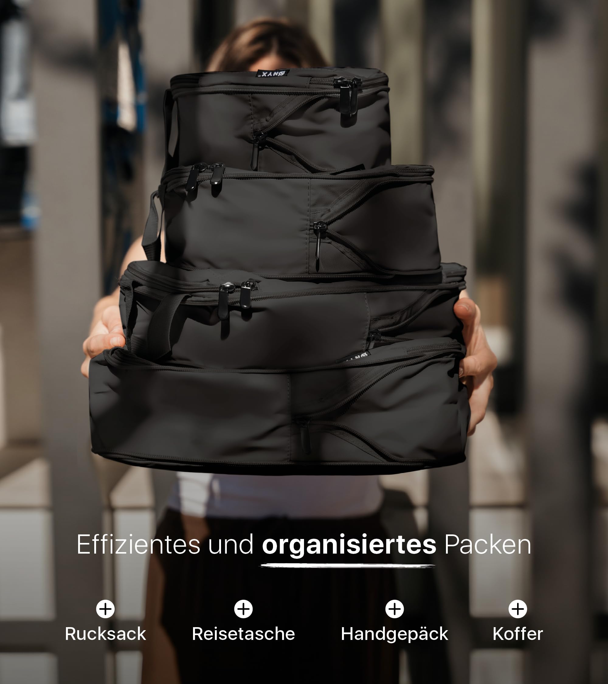 ONYX 5-teiliges Packing Cubes Compression Set inkl. Schuhbeutel bzw. Wäschesack – Packwürfel Kompression für bis zu 50% Platzersparnis, Koffer Organizer Set aus 900D Polyester, Schwarz