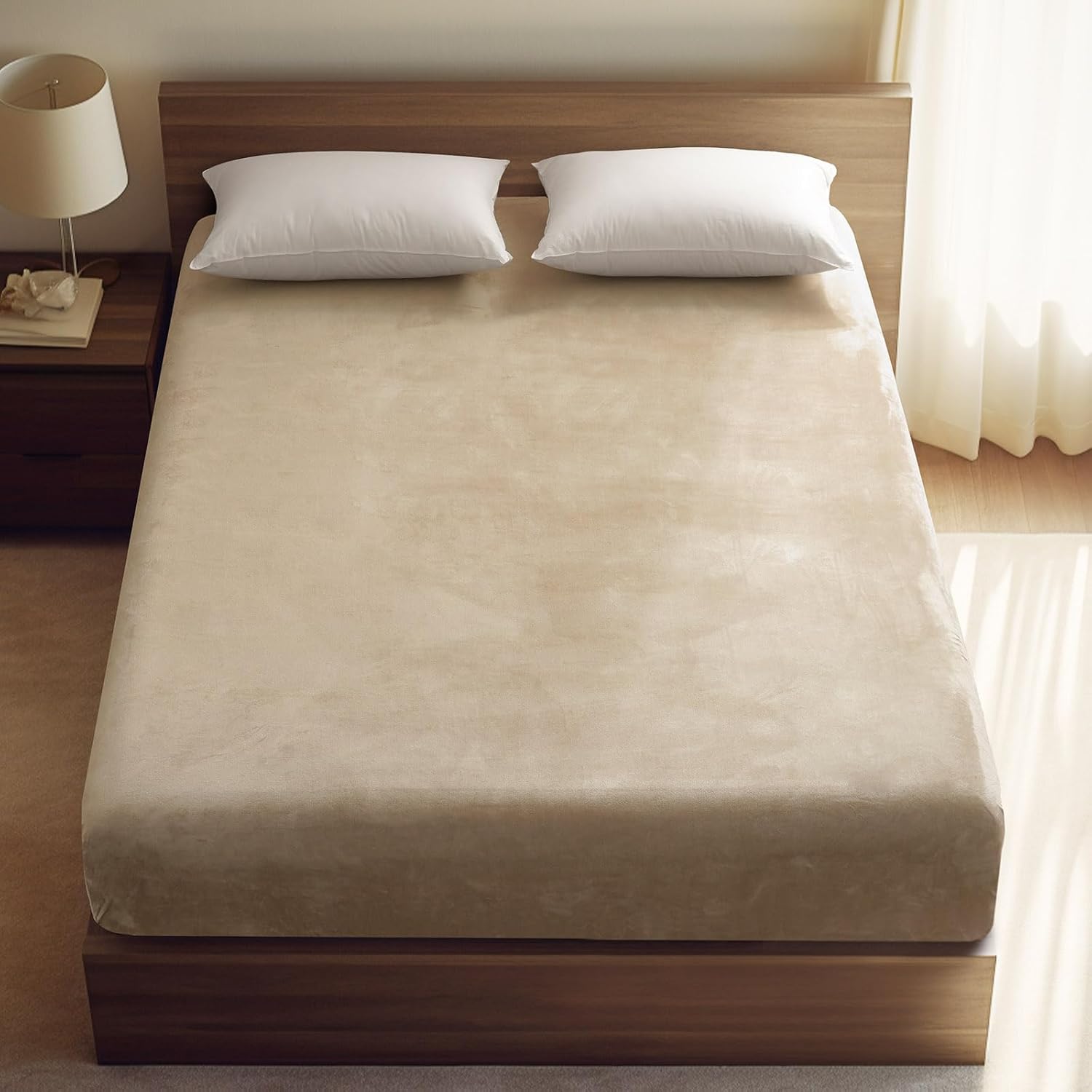 PHF Ultra Soft Velvet Fitted Sheet Twin Size, 16" Deep Pocket with Wider Stronger Elastic Band, Easy Fit Easy Care, 1 Pack Cozy Comfy Flannel Bottom Sheet for All Seasons, No Pillowcases, Khaki