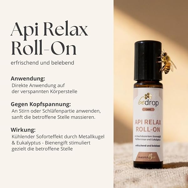 bedrop Api Relax Roll-On - mit hochdosiertem Bienengift, Pfefferminze und Eukalyptus | Bei Kopfschmerzen, ideal auf Schläfen und Muskelbereichen | Praktische To-Go Größe - 2