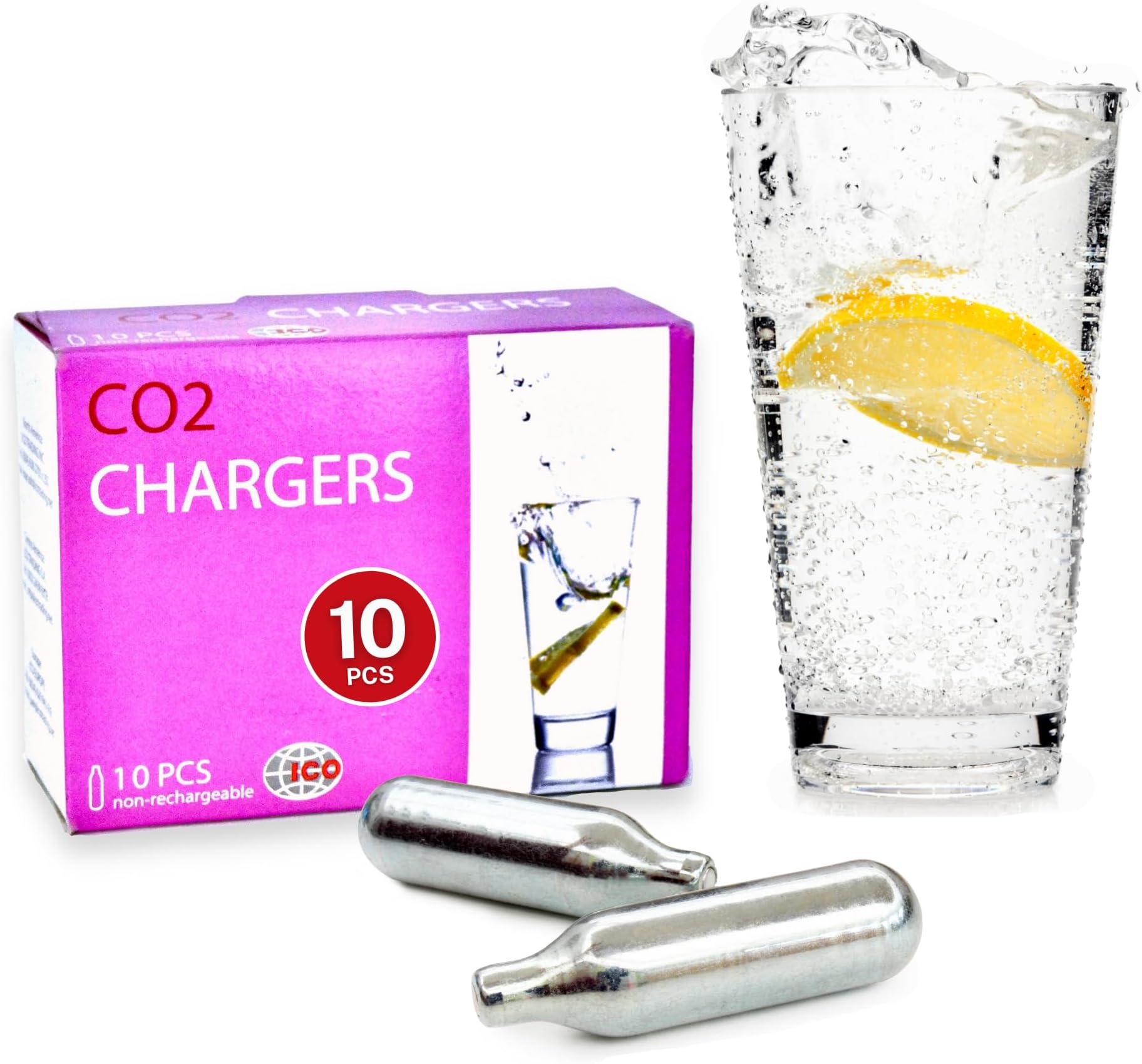 ICO 10-Pack 8g CO2 Cartridge for Sparkling Water Maker, CO2 Non-Threaded Canisters for Soda Syphon - Premium Quality Food-Grade Chargers