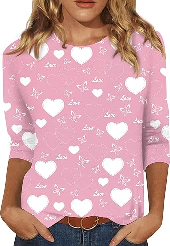 Camisa de San Valentín, camisas de manga 34 para mujer, lindas camisetas gráficas con estampado del día de San Valentín, blusas casuales de talla