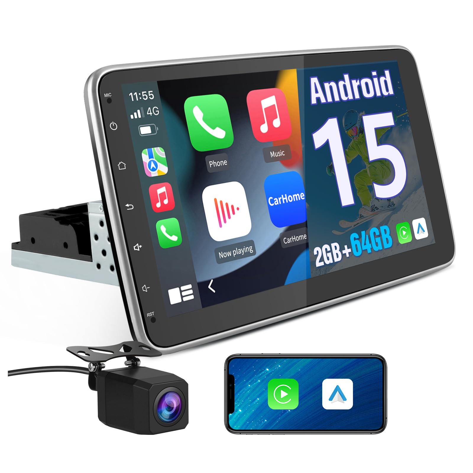 10.1 pollici Universale Autoradio 1 din Android 15 (2G+64G) Car Radio con CarPlay/Android Auto GPS Bluetooth WIFI FM RDS (Schermo ruotabile)