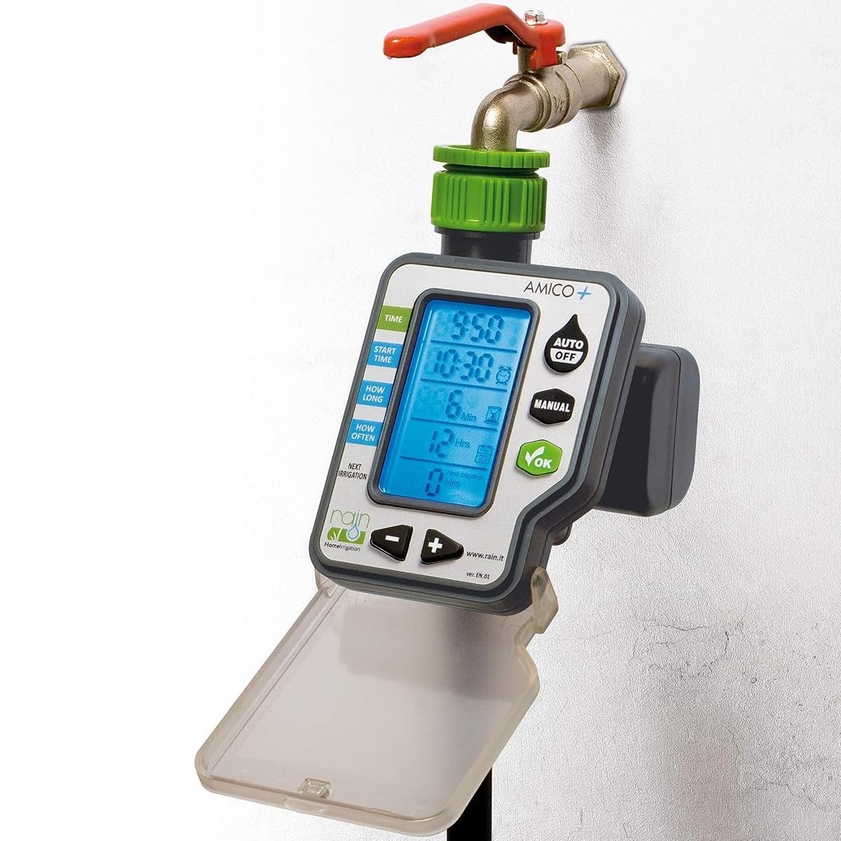 GNCGarden Programmatore di irrigazione Rain Amico +2. Programmatore di rubinetto + elettrovalvola | Programmatore a batterie intelligente con regolazione del tempo e versatilità per giardini