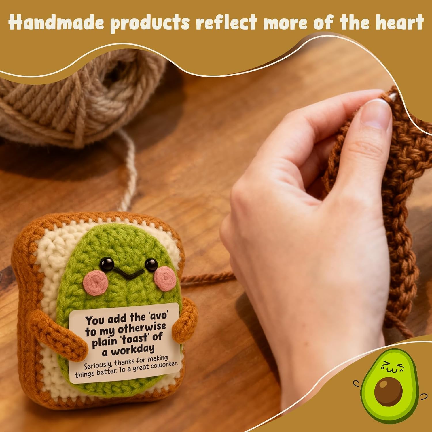 Heartwarming Gift for Coworker | Cute Crochet Avocado Toast Plush with Thank You Card | Funny Desk Decor for Office | Unique Appreciation, Birthday, Going Away Gift for Colleagues, Work Bestie