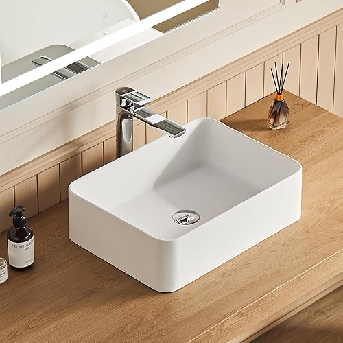 Cpingao Lavabo de baño de 16 x 13 pulgadas, rectangular sobre encimera de resina blanca de piedra blanca, lavabo de arte con drenaje emergente