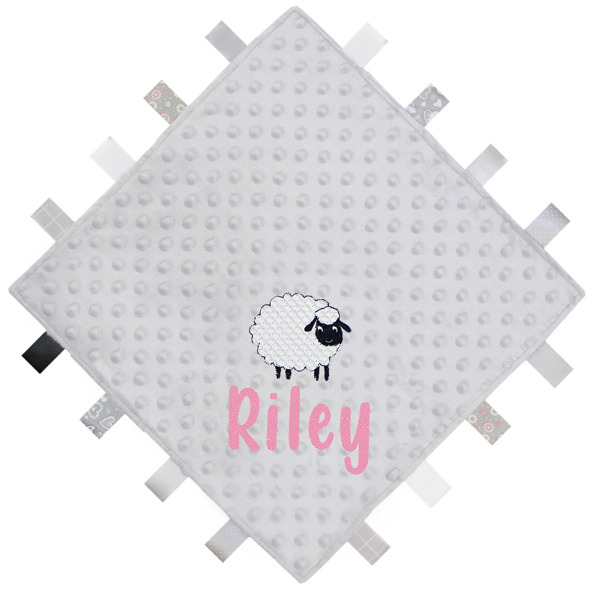 TeddyT's Personalised Embroidered Sheep Baby Taggy Blanket Comforter (Grey) (Fuchsia Pink)