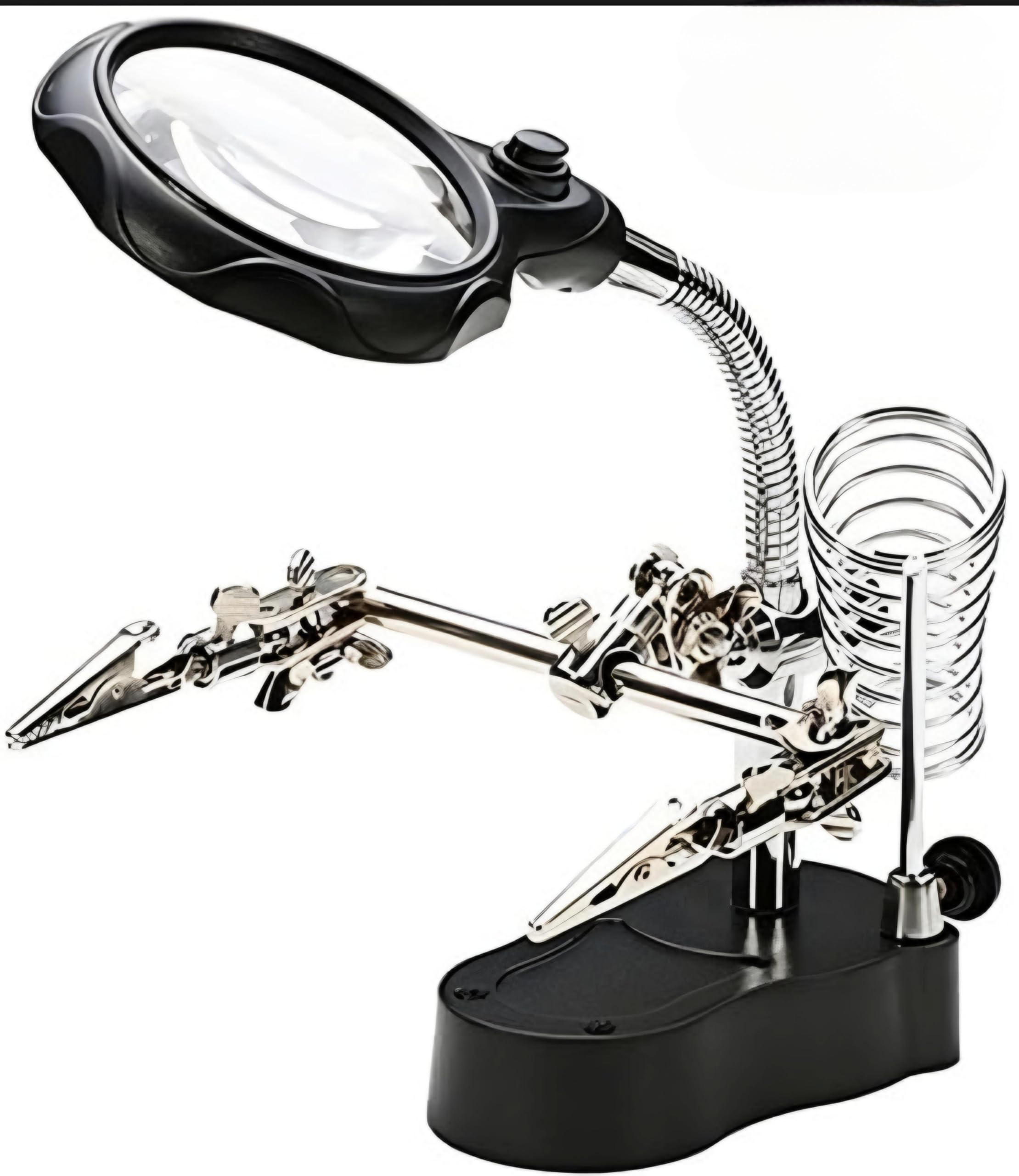 DKP Medicams 5in1 Helping Hand Magnifier Tool 3.5X & 12X with Soldering Iron Stand Adjustable Alligator Clip Clamps LED Magnifying Glass Len Workstation Light Battery Powered