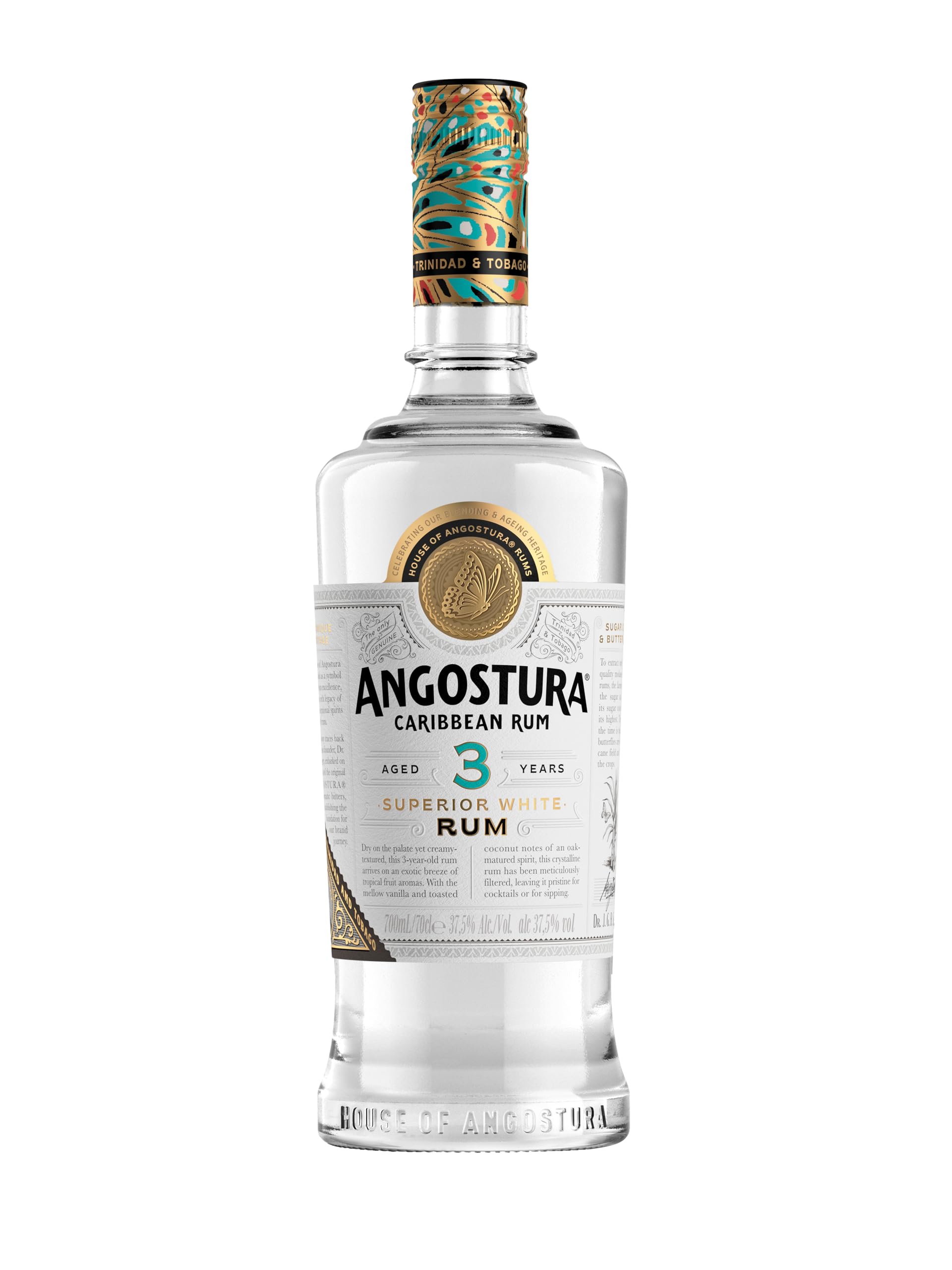 Angostura 3-Year-Old Superior White | Premium Caribbean Rum | 37.5% ABV | | Aged 3 year | Notes of tropical fruit, vanilla & toasted coconut | Clean, smooth finish designed for cocktails (70cl)