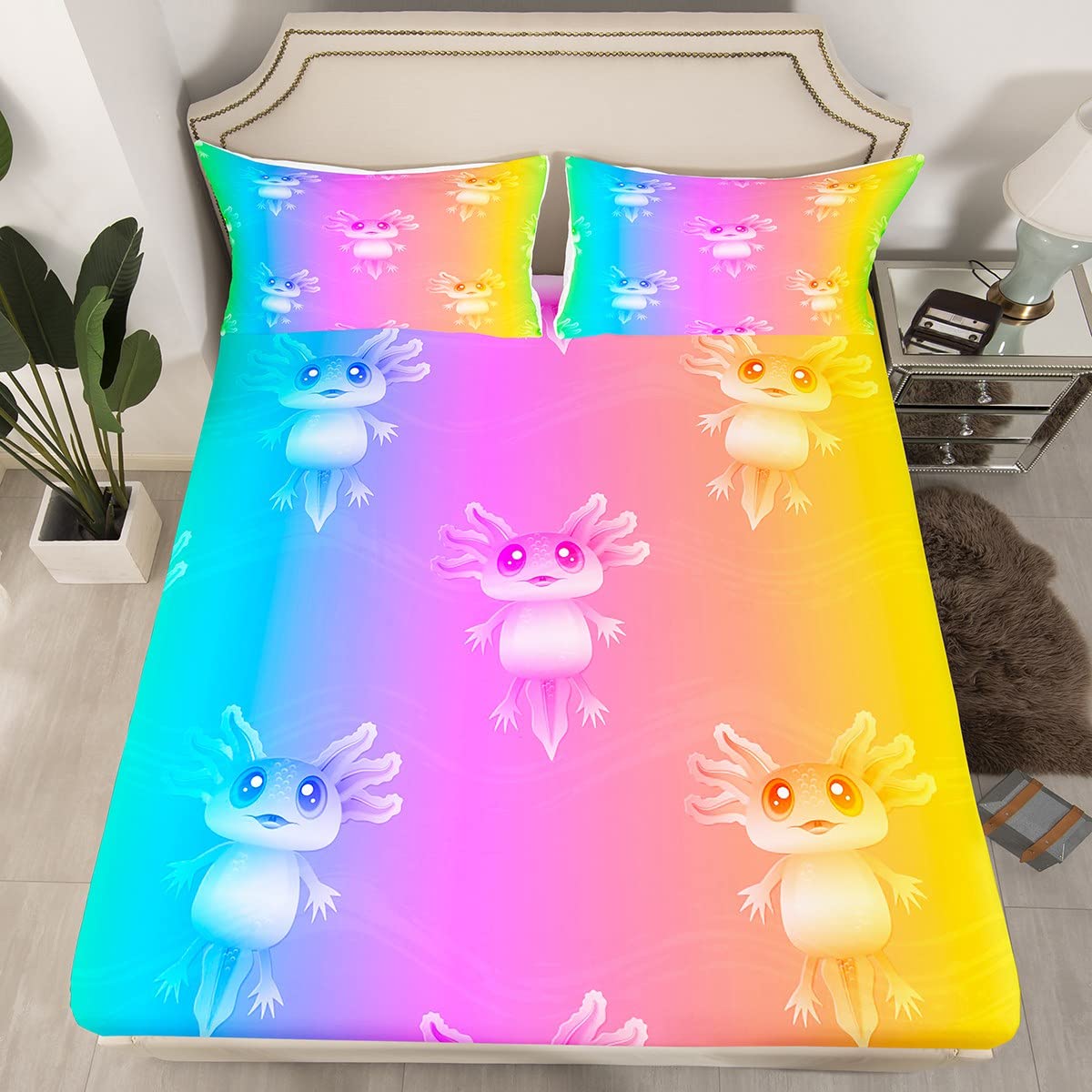 Axolotl Bed Sheet Set Rainbow Axolotl Bedding Sheets for Kids Boys Girls Cartoon Salamander Bedding Fitted Sheet Kawaii Ocean Sealife Bed Sheet Set Double Size