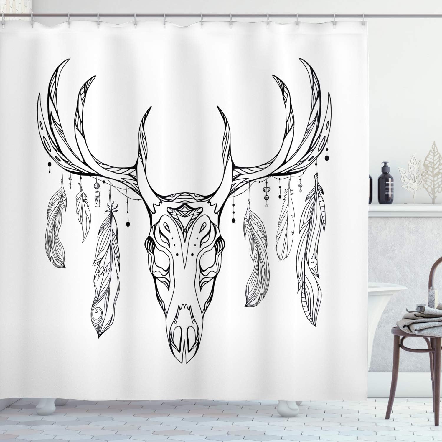 Ambesonne Antlers Shower Curtain, Illustration of a Deer Skull Bone and Feathers Boho Pattern Tribal, Cloth Fabric Bathroom Decor Set with Hooks, 69" W x 75" L, White Charcoal Off White