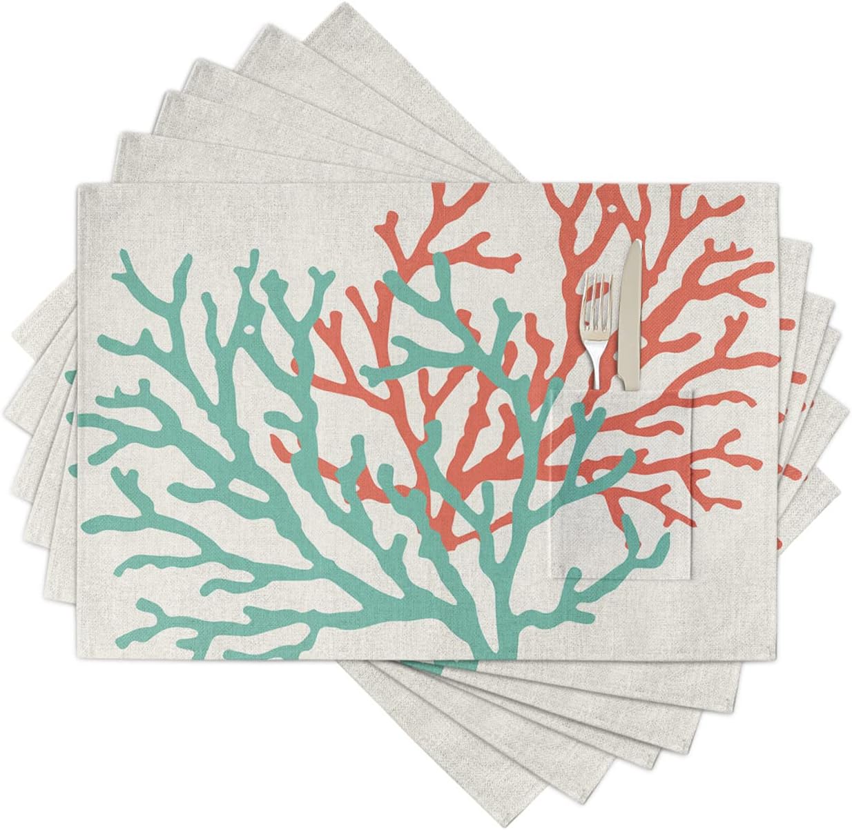Juego de 6 manteles individuales de color coral para mesa de comedor, tela de lino de algodón con bolsillo, arpillera cuadrada, rectangular,