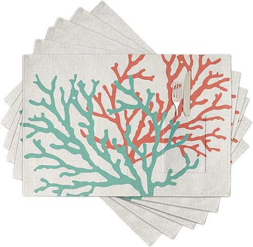 Juego de 6 manteles individuales de color coral para mesa de comedor, tela de lino de algodón con bolsillo, arpillera cuadrada, rectangular,