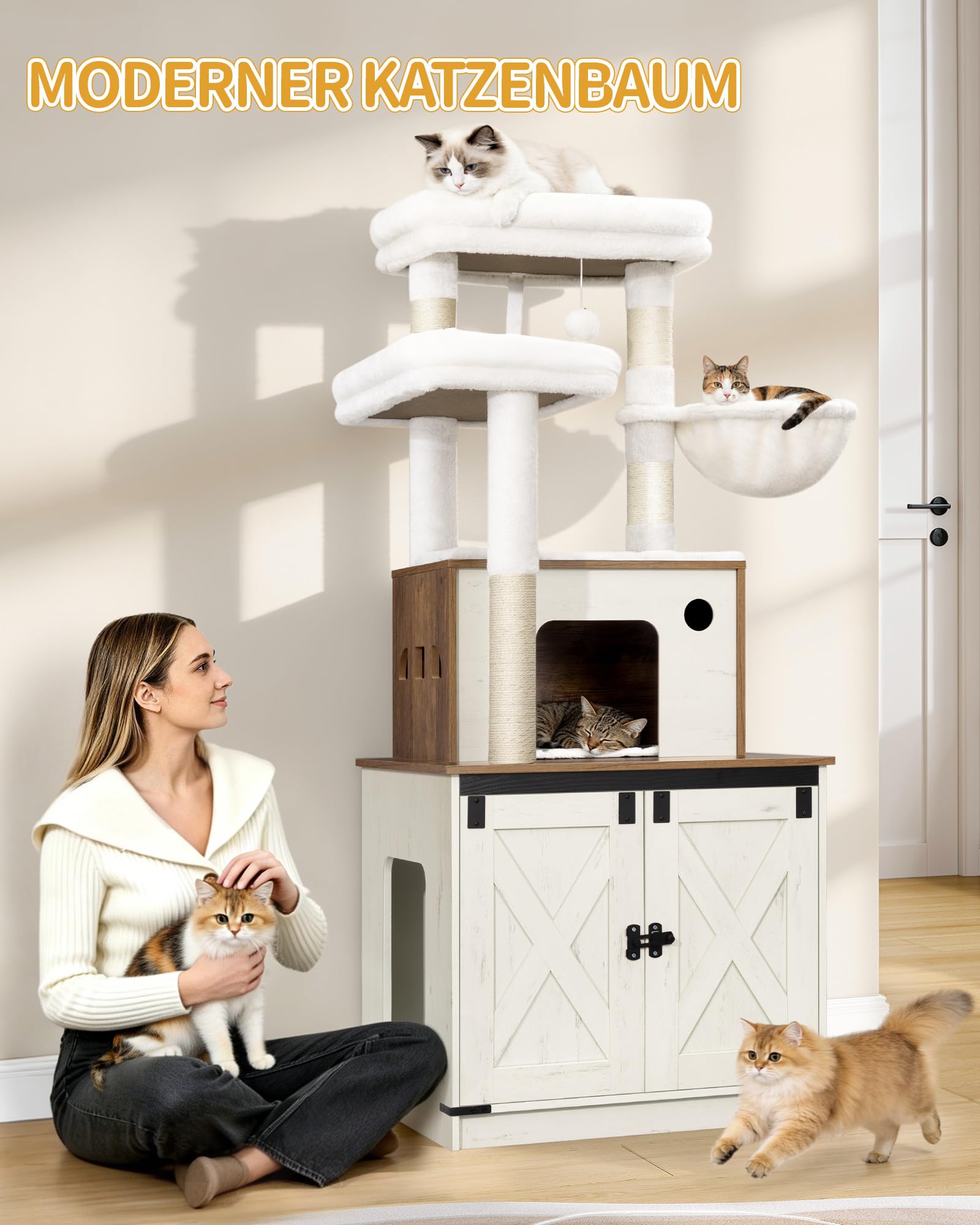 Hzuaneri Katzenbaum mit Katzenschrank, 145 cm Hoch, Braun-Weiß | Kratzbaum, Zwei Große Plattformen, Sisalsäule, Katzenkorb, Katzenhaus, Waschbares Kissen, Plüschbälle, CB89214WT