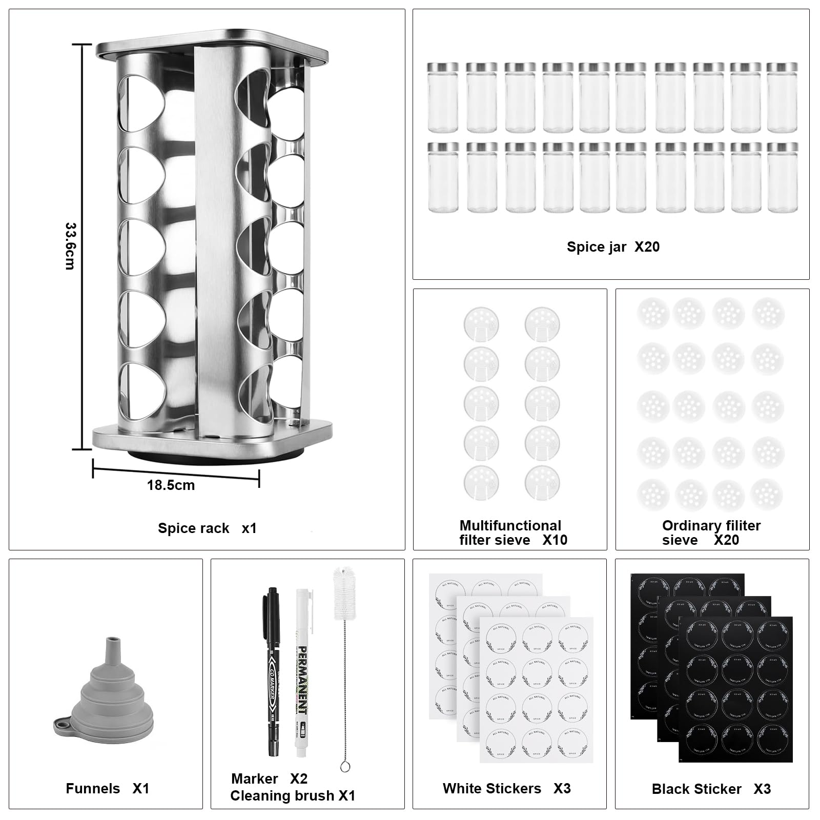 Especieros para Cocina Cuadrado con 20 Botes para Especias,Soportes para Botes de Especias Giratorio 360°-Tarro de Especias con Tapa de Acero Inoxidable,Especieros