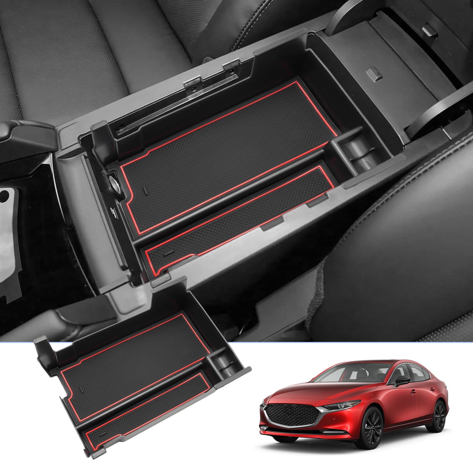 BIXUAN 2025 kompatybilny z 2019-2025 Mazda 3 BP, konsola środkowa, podłokietnik, organizer, taca, środkowy podłokietnik, schowek do przechowywania, akcesoria Mazda3, kolor czerwony
