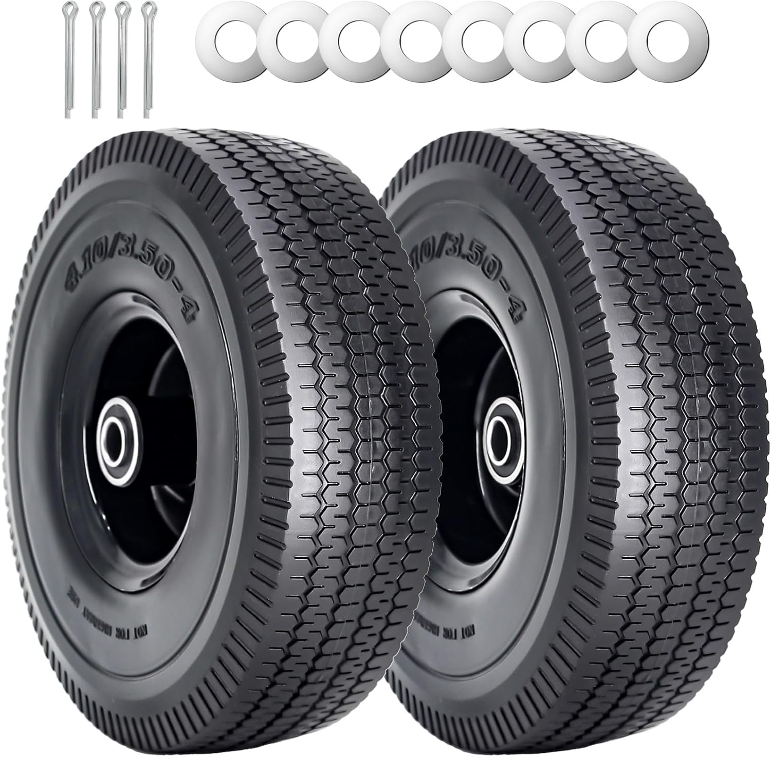 SIMEIQI 2Pack 10 x 4.10/3.50-4" Solid PU Run-Flat Tire Wheel with 5/8"Axle Bore Hole 2.24" Offset Hub Double-Sealed Ball Bearings for Wagons Wheelbarrows Hand Trucks