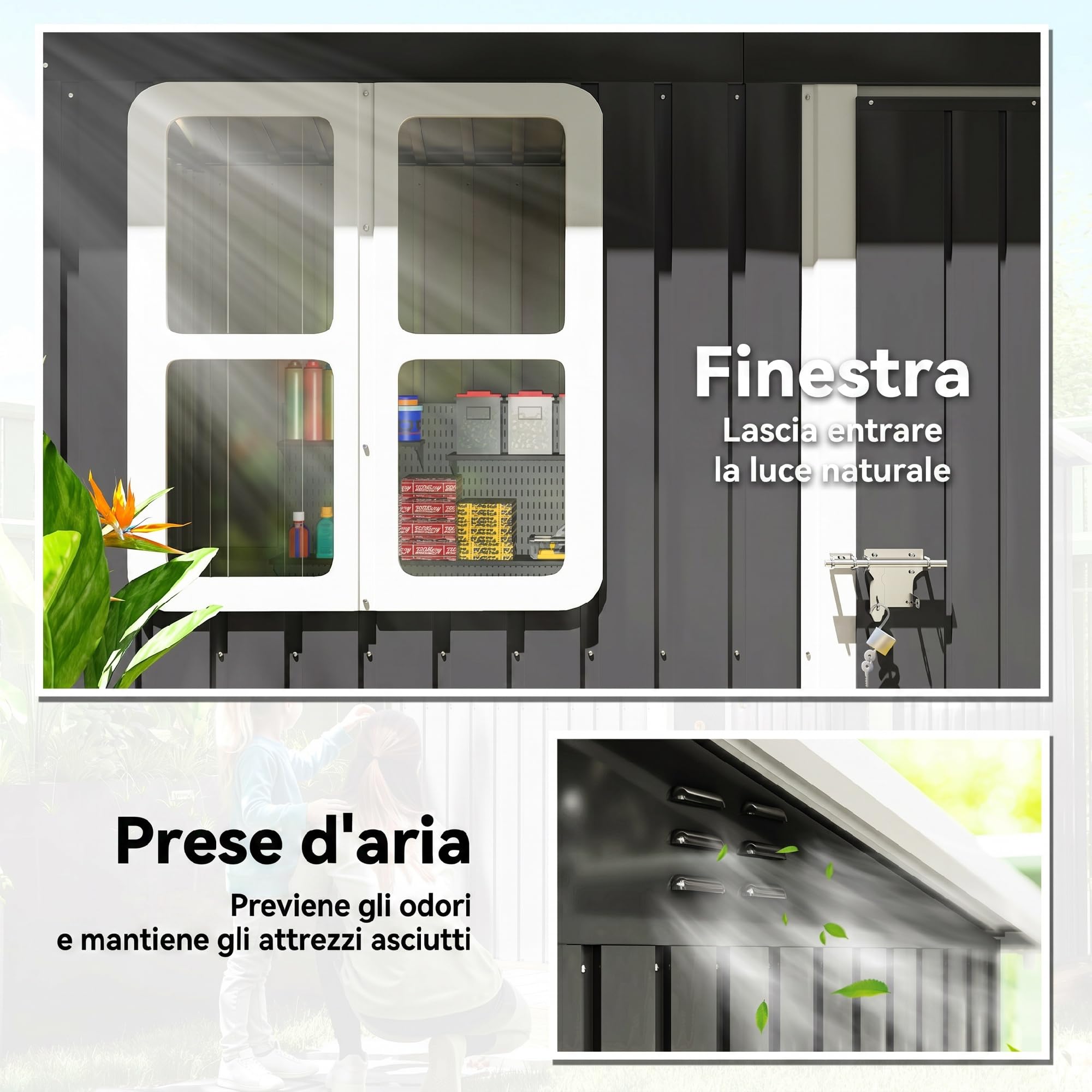 Outsunny Casetta da Giardino 2.55m² in Acciaio Zincato, con Kit di Fondazione, Capanno da Giardino Porta Attrezzi con Porta Bloccabile, Tetto Inclinato, Finestra, per Esterno, Grigio Scuro